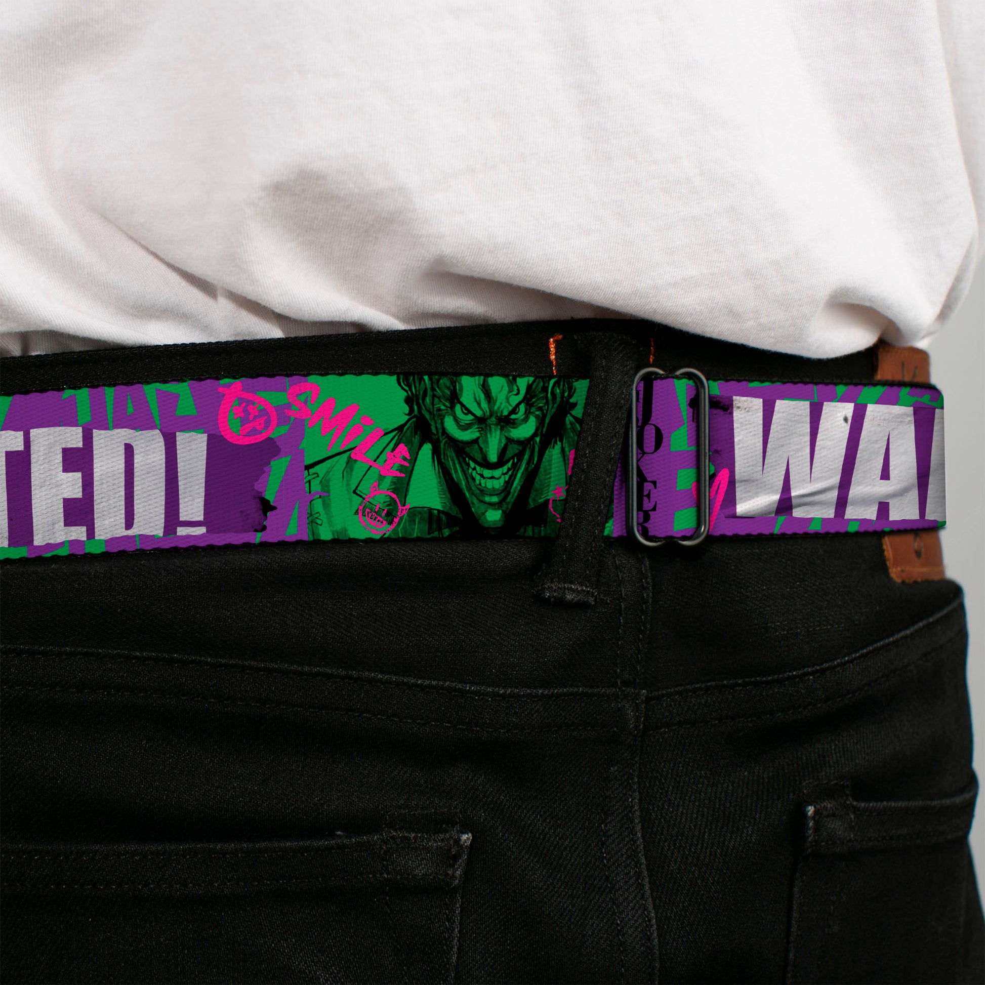 Batman Full Color Black/Yellow Seatbelt Belt - THE JOKER WANTED Smiling Pose and Graffiti Purples/Greens Webbing Seatbelt Belts DC Comics