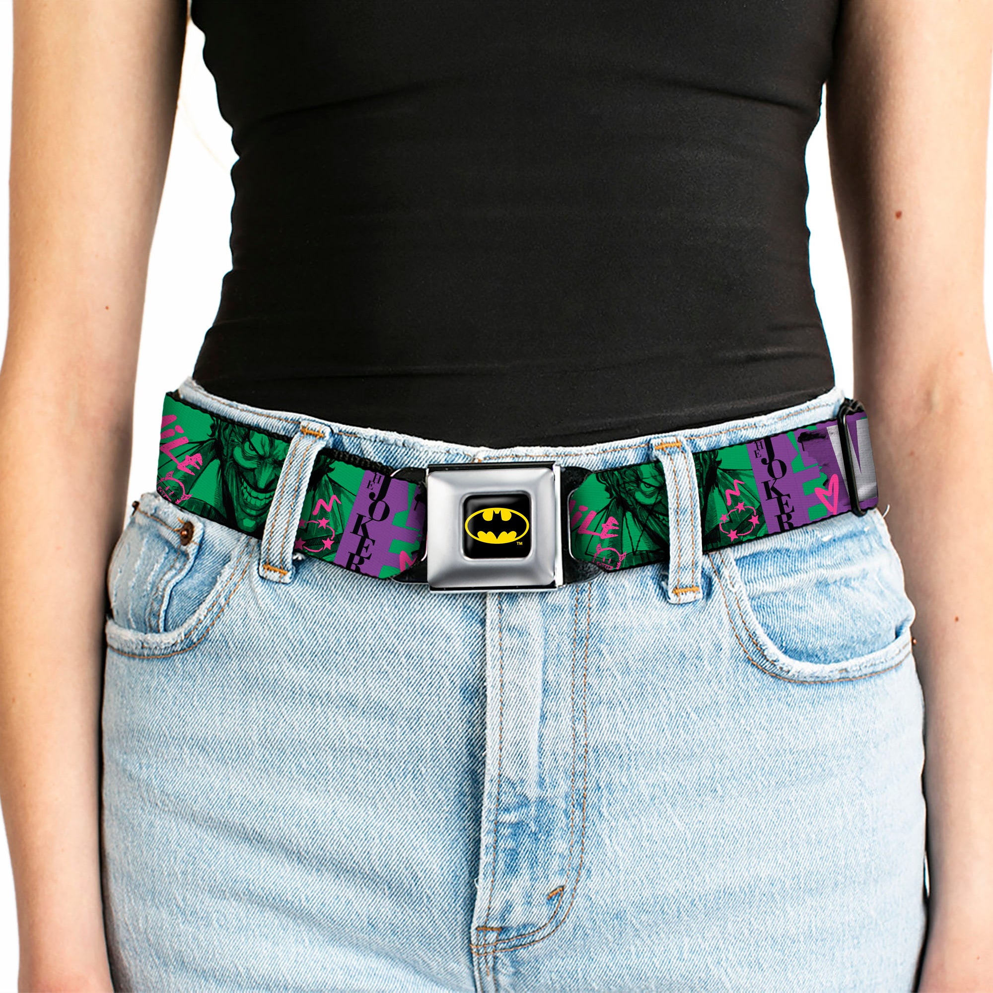 Batman Full Color Black/Yellow Seatbelt Belt - THE JOKER WANTED Smiling Pose and Graffiti Purples/Greens Webbing Seatbelt Belts DC Comics