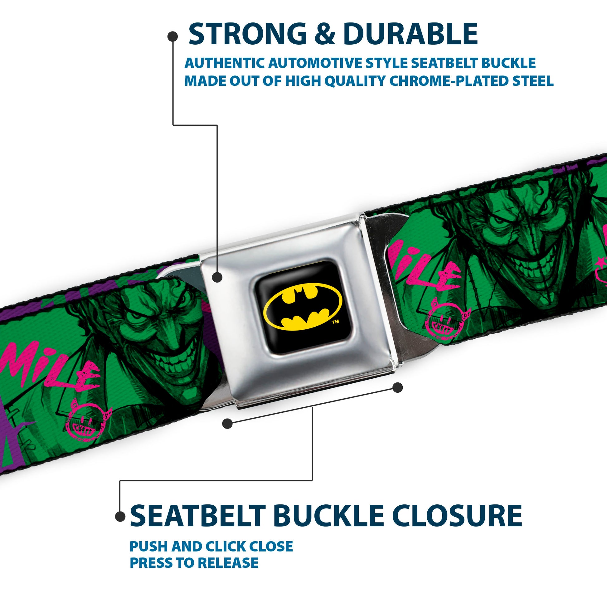 Batman Full Color Black/Yellow Seatbelt Belt - THE JOKER WANTED Smiling Pose and Graffiti Purples/Greens Webbing Seatbelt Belts DC Comics