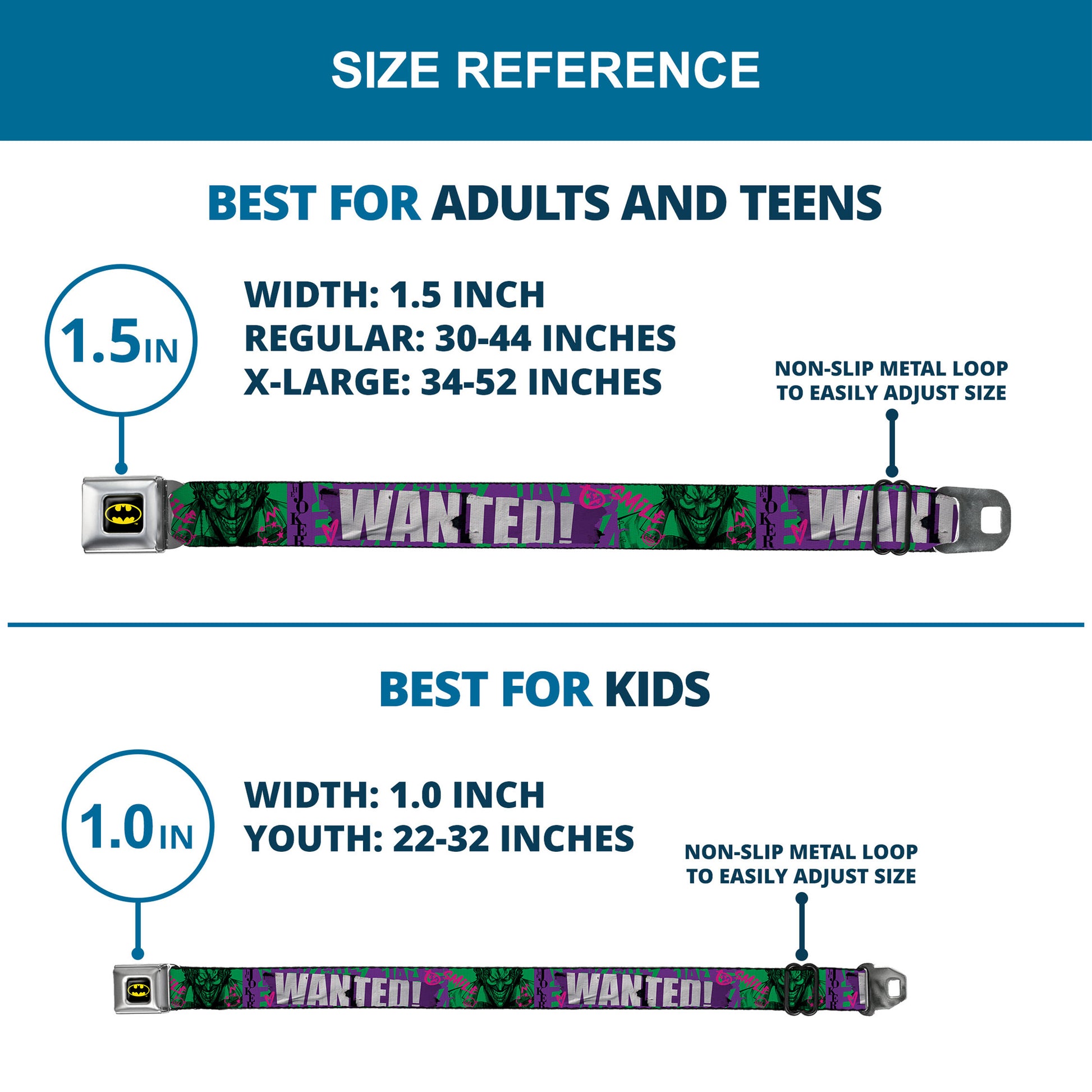 Batman Full Color Black/Yellow Seatbelt Belt - THE JOKER WANTED Smiling Pose and Graffiti Purples/Greens Webbing Seatbelt Belts DC Comics