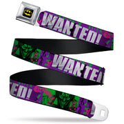 Batman Full Color Black/Yellow Seatbelt Belt - THE JOKER WANTED Smiling Pose and Graffiti Purples/Greens Webbing Seatbelt Belts DC Comics
