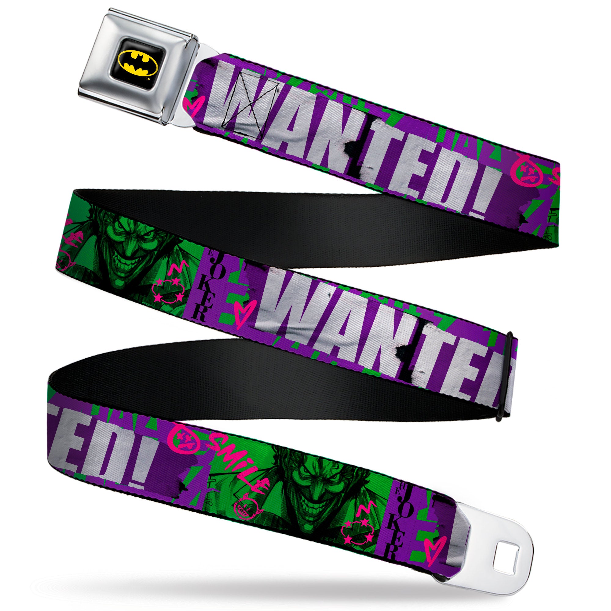 Batman Full Color Black/Yellow Seatbelt Belt - THE JOKER WANTED Smiling Pose and Graffiti Purples/Greens Webbing Seatbelt Belts DC Comics