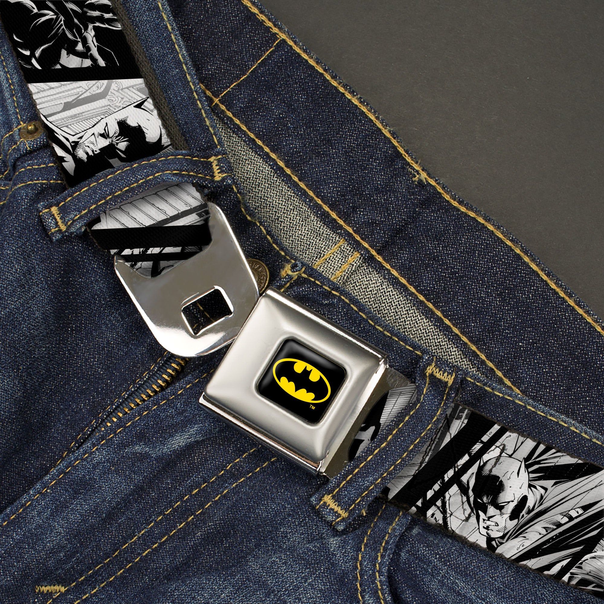 Batman Full Color Black/Yellow Seatbelt Belt - Batman Hush Pose Sketches Black/White Webbing Seatbelt Belts DC Comics