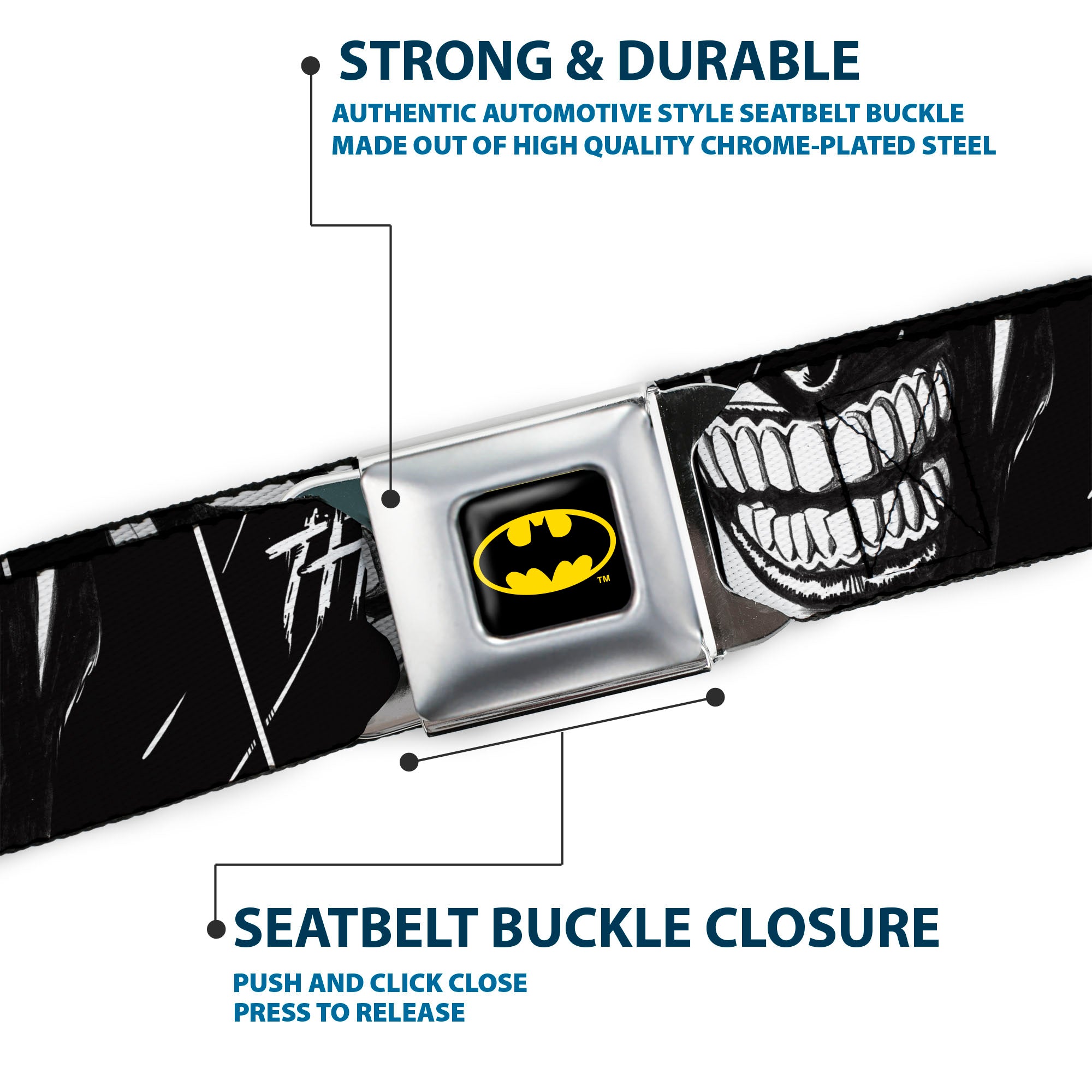 Batman Full Color Black/Yellow Seatbelt Belt - THE JOKER Smiling Eyes Sketch Close-Up Black/White Webbing Seatbelt Belts DC Comics