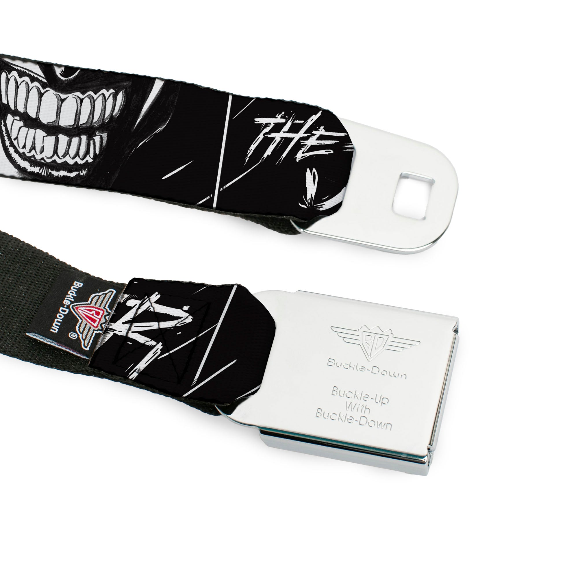 Batman Full Color Black/Yellow Seatbelt Belt - THE JOKER Smiling Eyes Sketch Close-Up Black/White Webbing Seatbelt Belts DC Comics