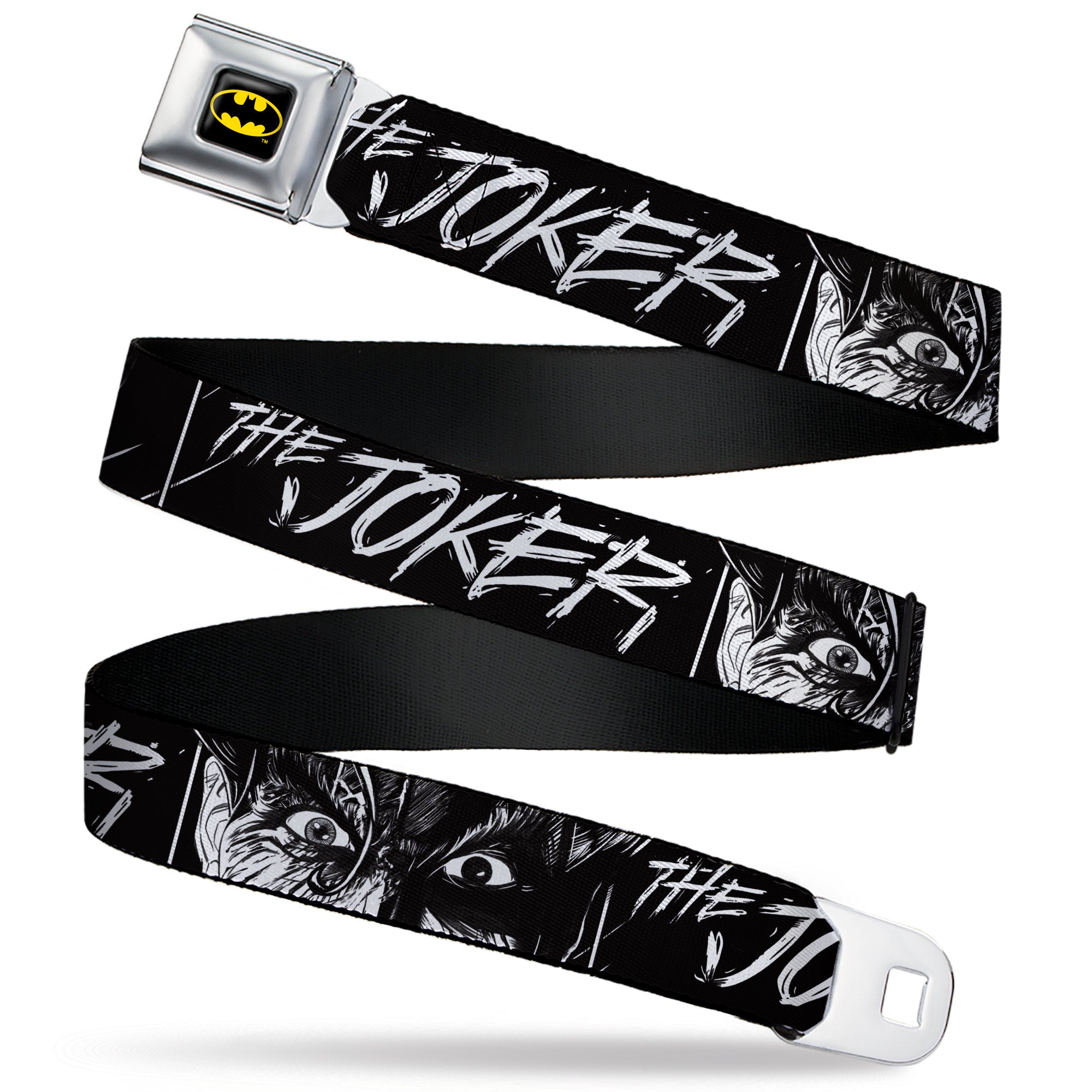 Batman Full Color Black/Yellow Seatbelt Belt - THE JOKER Smiling Eyes Sketch Close-Up Black/White Webbing Seatbelt Belts DC Comics