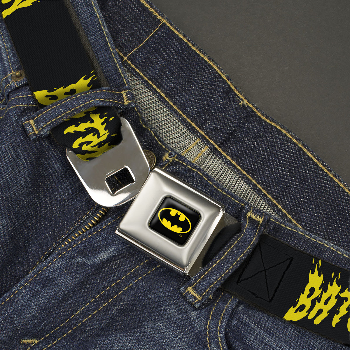 Batman Full Color Black/Yellow Seatbelt Belt - BATMAN Flame Text Black/Yellow Webbing