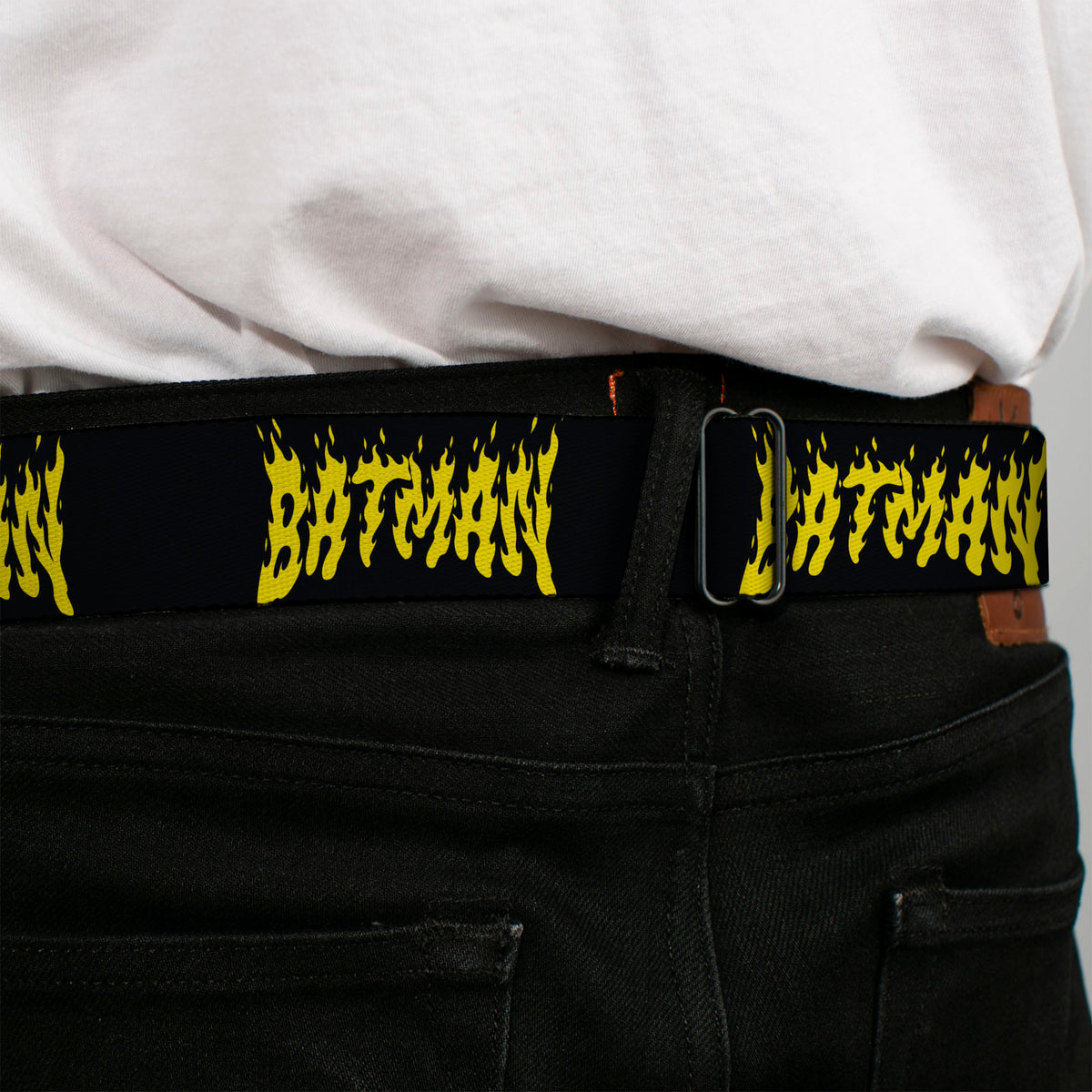 Batman Full Color Black/Yellow Seatbelt Belt - BATMAN Flame Text Black/Yellow Webbing