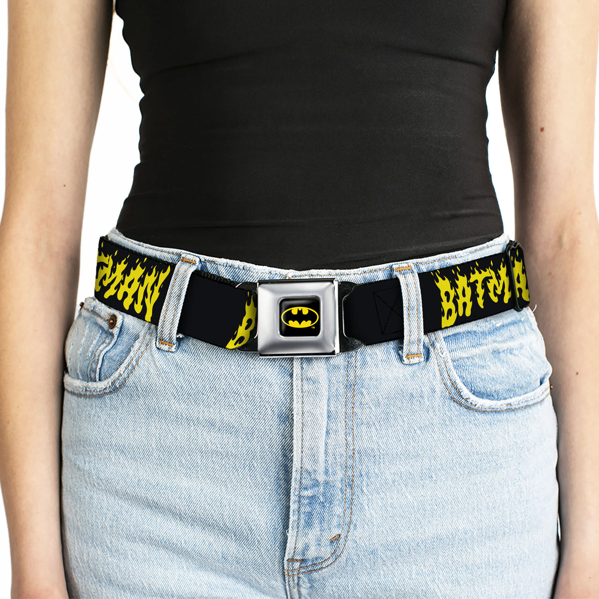 Batman Full Color Black/Yellow Seatbelt Belt - BATMAN Flame Text Black/Yellow Webbing
