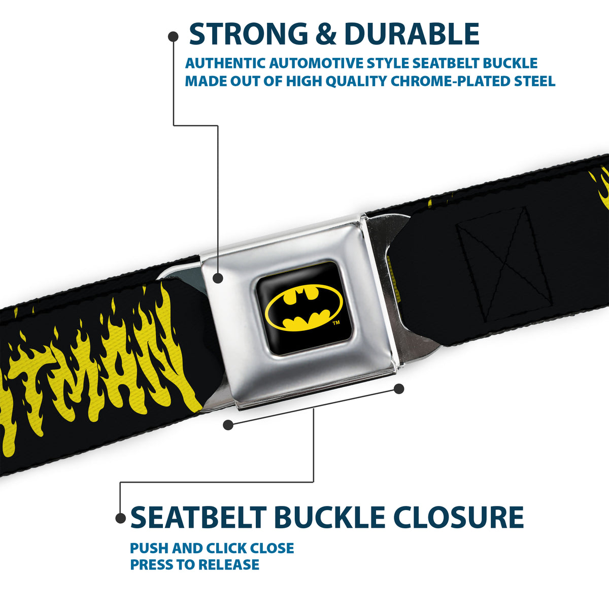Batman Full Color Black/Yellow Seatbelt Belt - BATMAN Flame Text Black/Yellow Webbing