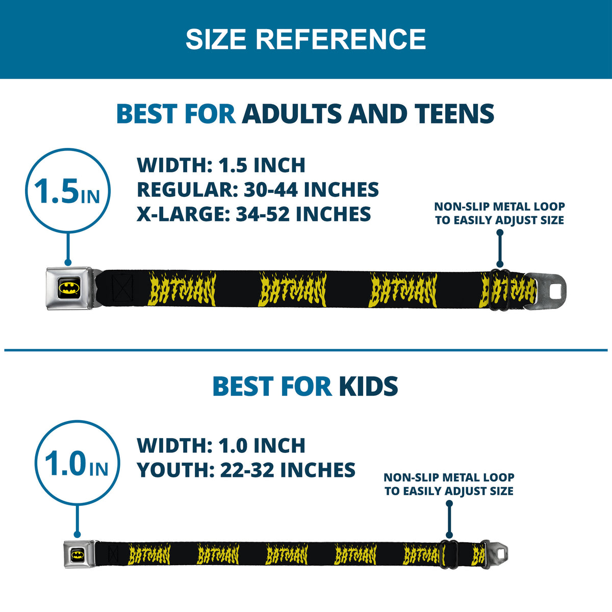 Batman Full Color Black/Yellow Seatbelt Belt - BATMAN Flame Text Black/Yellow Webbing