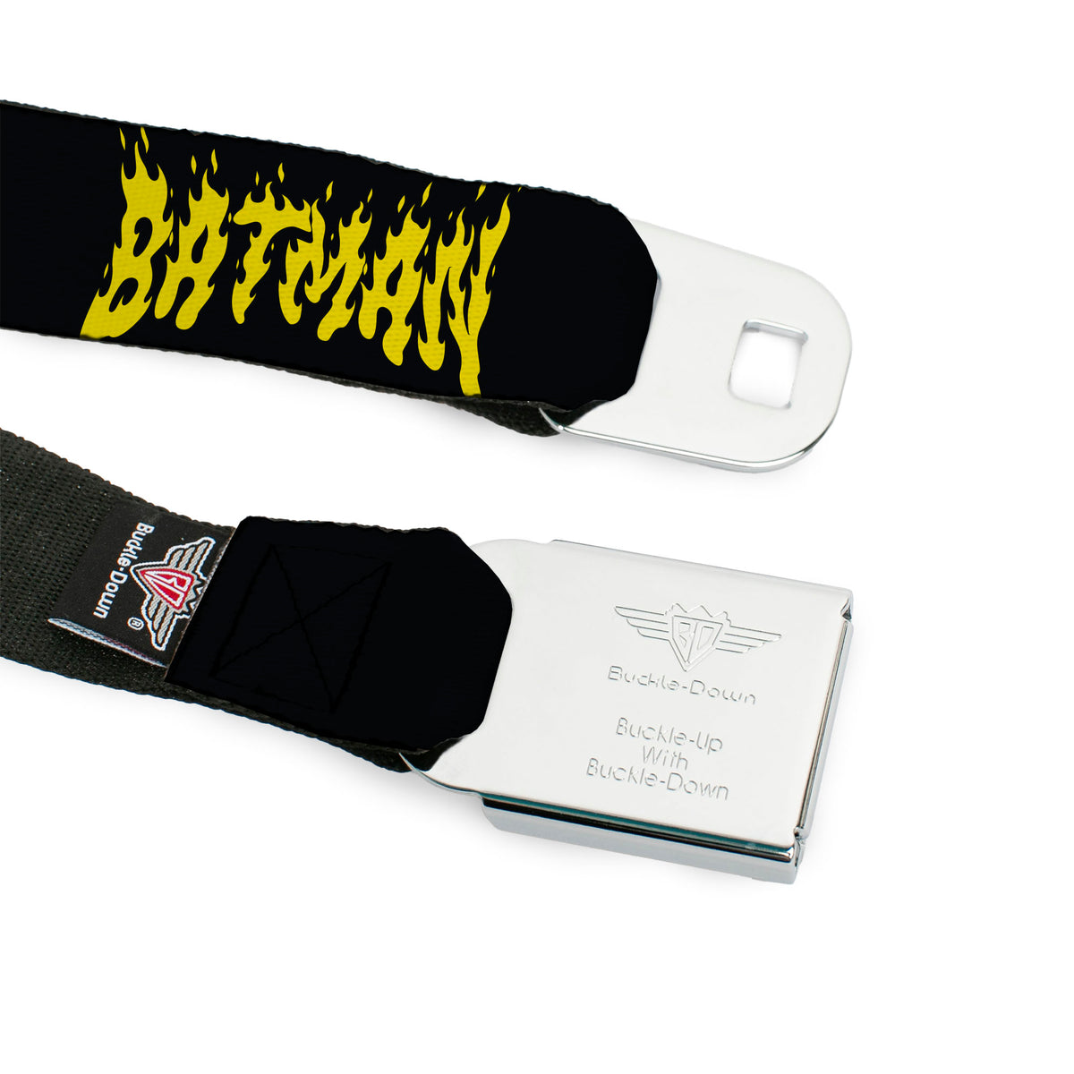 Batman Full Color Black/Yellow Seatbelt Belt - BATMAN Flame Text Black/Yellow Webbing