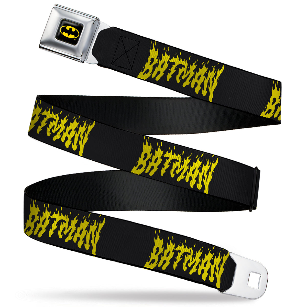 Batman Full Color Black/Yellow Seatbelt Belt - BATMAN Flame Text Black/Yellow Webbing