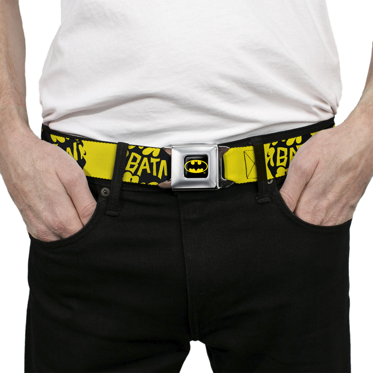 Batman Full Color Black/Yellow Seatbelt Belt - BATMAN Bat Signal Text Yellow/Black Webbing