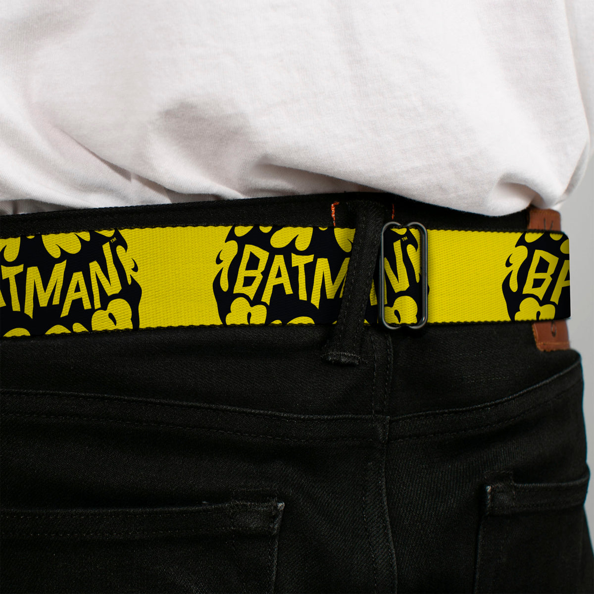Batman Full Color Black/Yellow Seatbelt Belt - BATMAN Bat Signal Text Yellow/Black Webbing