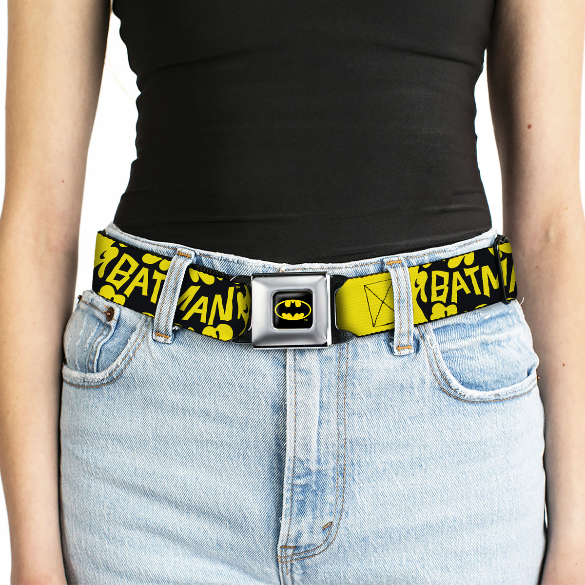 Batman Full Color Black/Yellow Seatbelt Belt - BATMAN Bat Signal Text Yellow/Black Webbing
