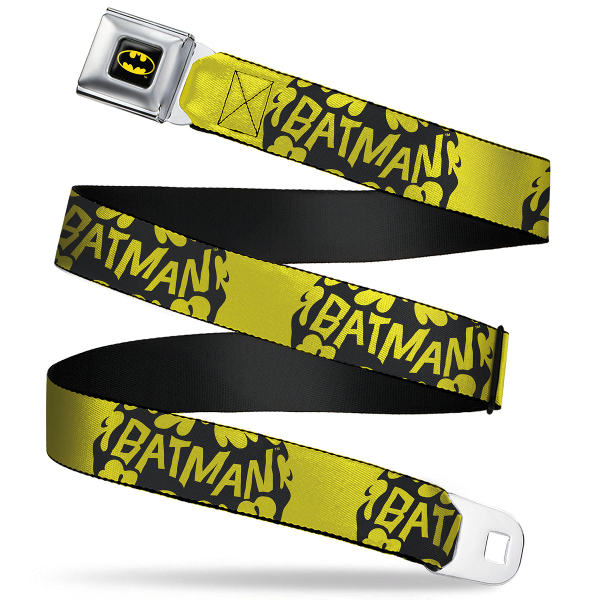 Batman Full Color Black/Yellow Seatbelt Belt - BATMAN Bat Signal Text Yellow/Black Webbing