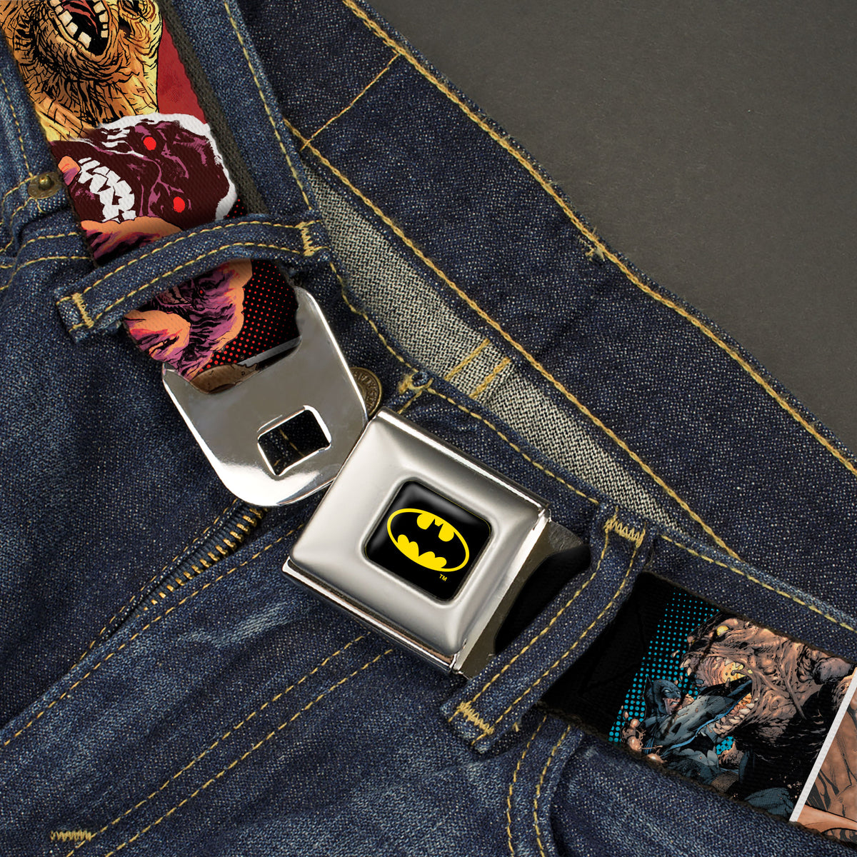 Batman Full Color Black/Yellow Seatbelt Belt - CLAYFACE Scene Blocks and Text Black/Browns Webbing Seatbelt Belts DC Comics