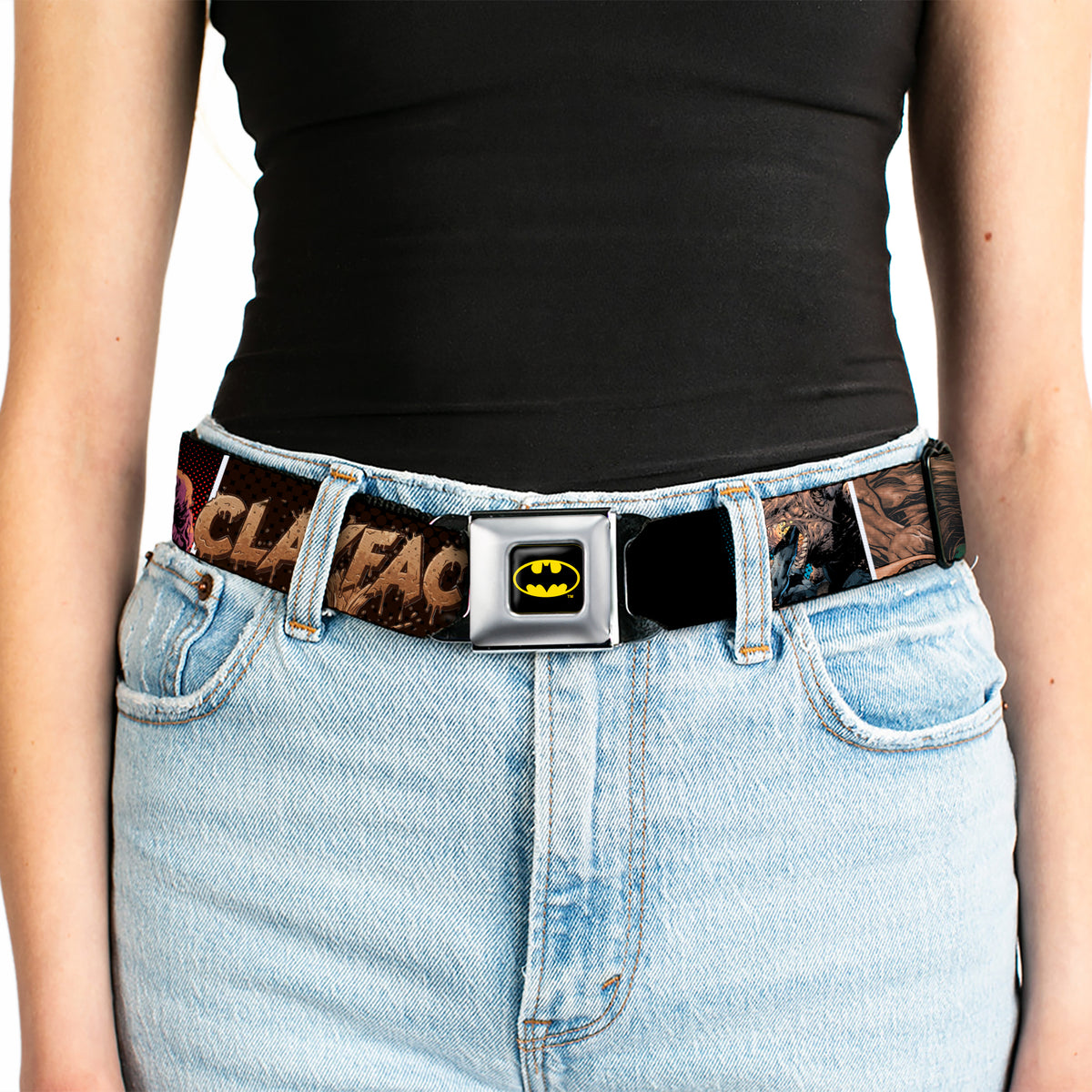 Batman Full Color Black/Yellow Seatbelt Belt - CLAYFACE Scene Blocks and Text Black/Browns Webbing Seatbelt Belts DC Comics