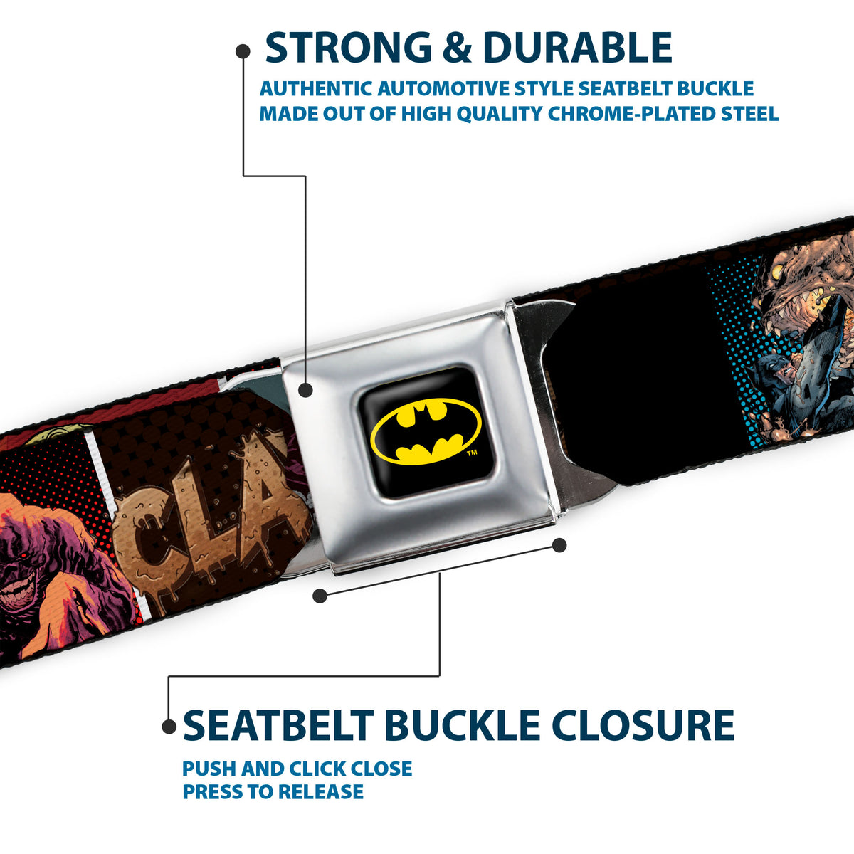 Batman Full Color Black/Yellow Seatbelt Belt - CLAYFACE Scene Blocks and Text Black/Browns Webbing Seatbelt Belts DC Comics