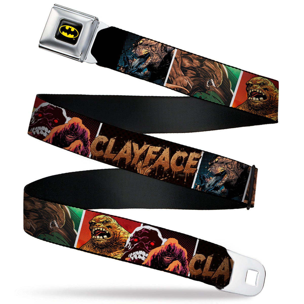 Batman Full Color Black/Yellow Seatbelt Belt - CLAYFACE Scene Blocks and Text Black/Browns Webbing Seatbelt Belts DC Comics