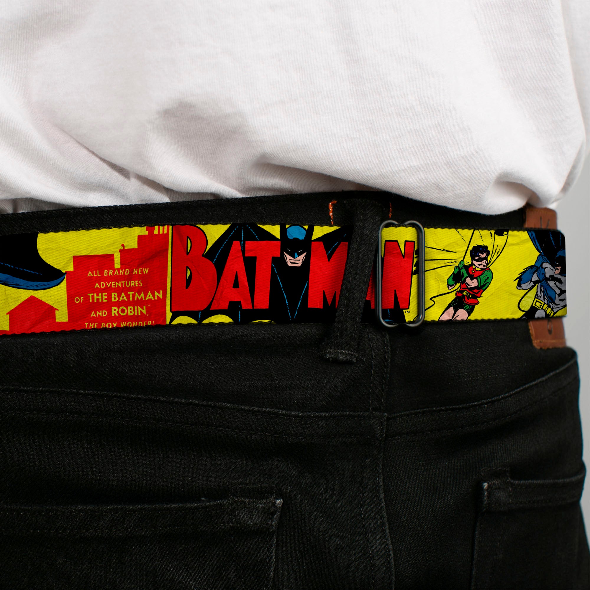 Classic BATMAN Comic Logo Full Color Yellow Black Red Seatbelt Belt - Classic BATMAN Issue #1 Robin & Batman Cover Pose Yellow/Red Webbing Seatbelt Belts DC Comics