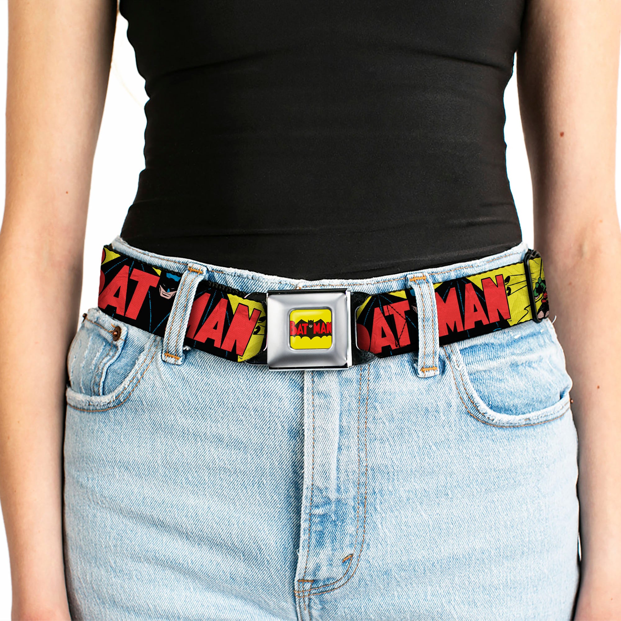 Classic BATMAN Comic Logo Full Color Yellow Black Red Seatbelt Belt - Classic BATMAN Issue #1 Robin & Batman Cover Pose Yellow/Red Webbing Seatbelt Belts DC Comics