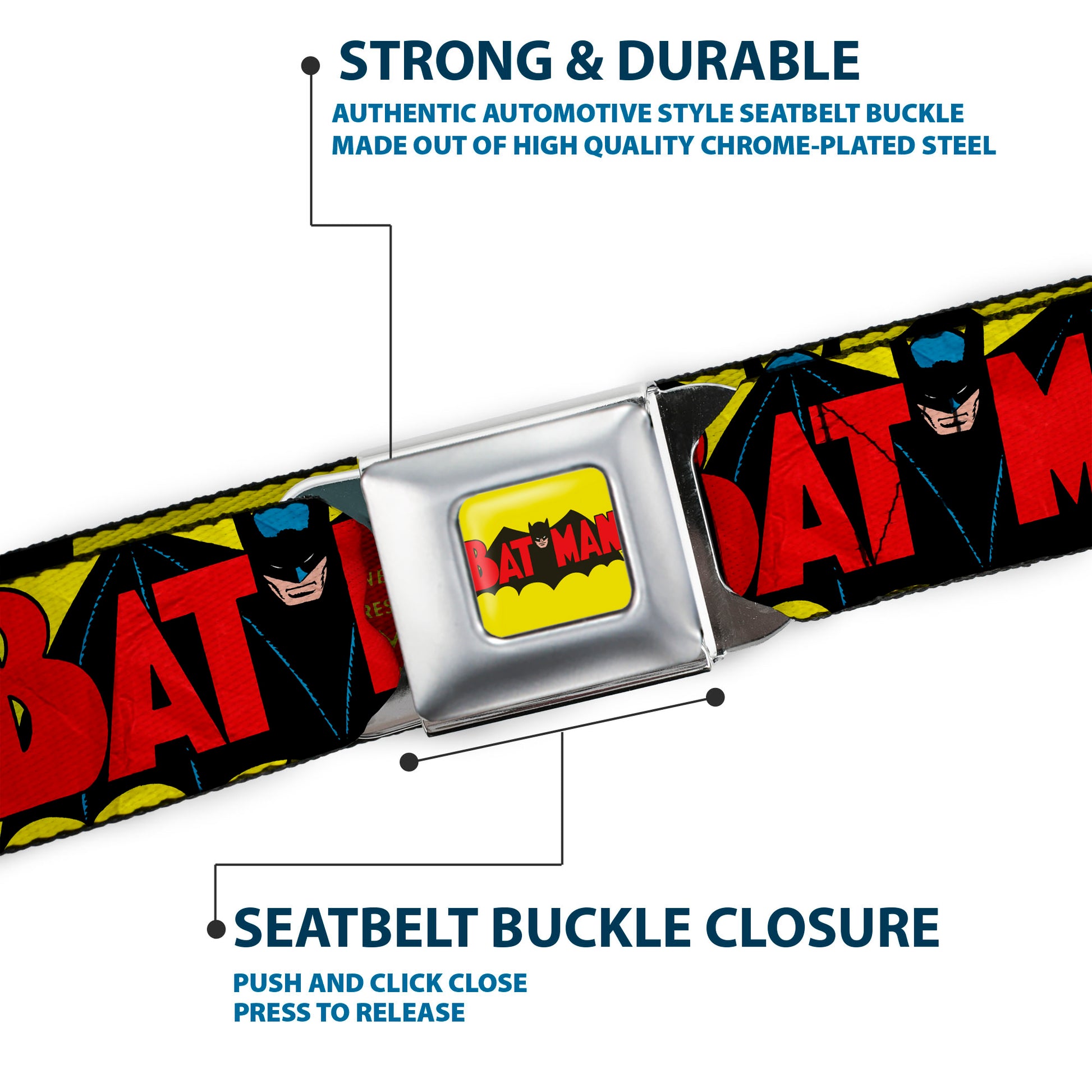 Classic BATMAN Comic Logo Full Color Yellow Black Red Seatbelt Belt - Classic BATMAN Issue #1 Robin & Batman Cover Pose Yellow/Red Webbing Seatbelt Belts DC Comics
