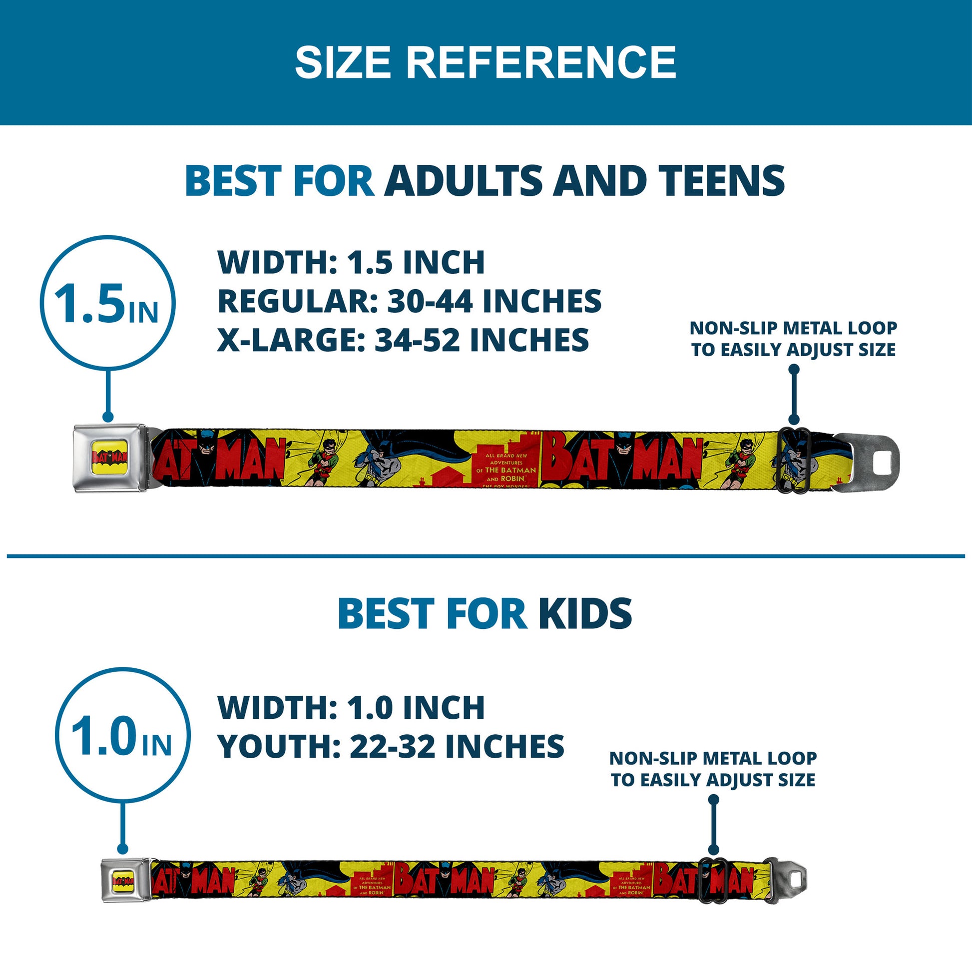 Classic BATMAN Comic Logo Full Color Yellow Black Red Seatbelt Belt - Classic BATMAN Issue #1 Robin & Batman Cover Pose Yellow/Red Webbing Seatbelt Belts DC Comics