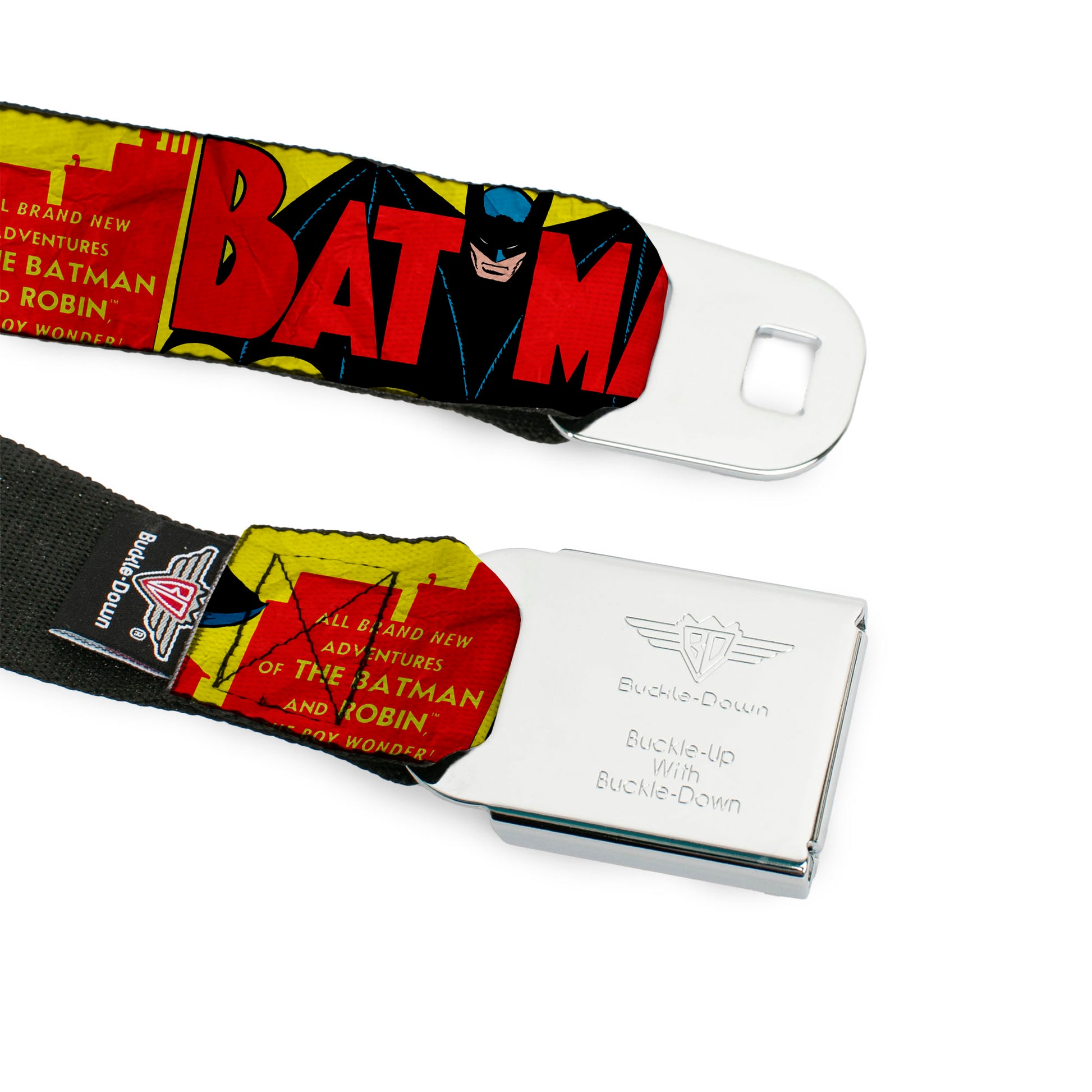 Classic BATMAN Comic Logo Full Color Yellow Black Red Seatbelt Belt - Classic BATMAN Issue #1 Robin & Batman Cover Pose Yellow/Red Webbing Seatbelt Belts DC Comics