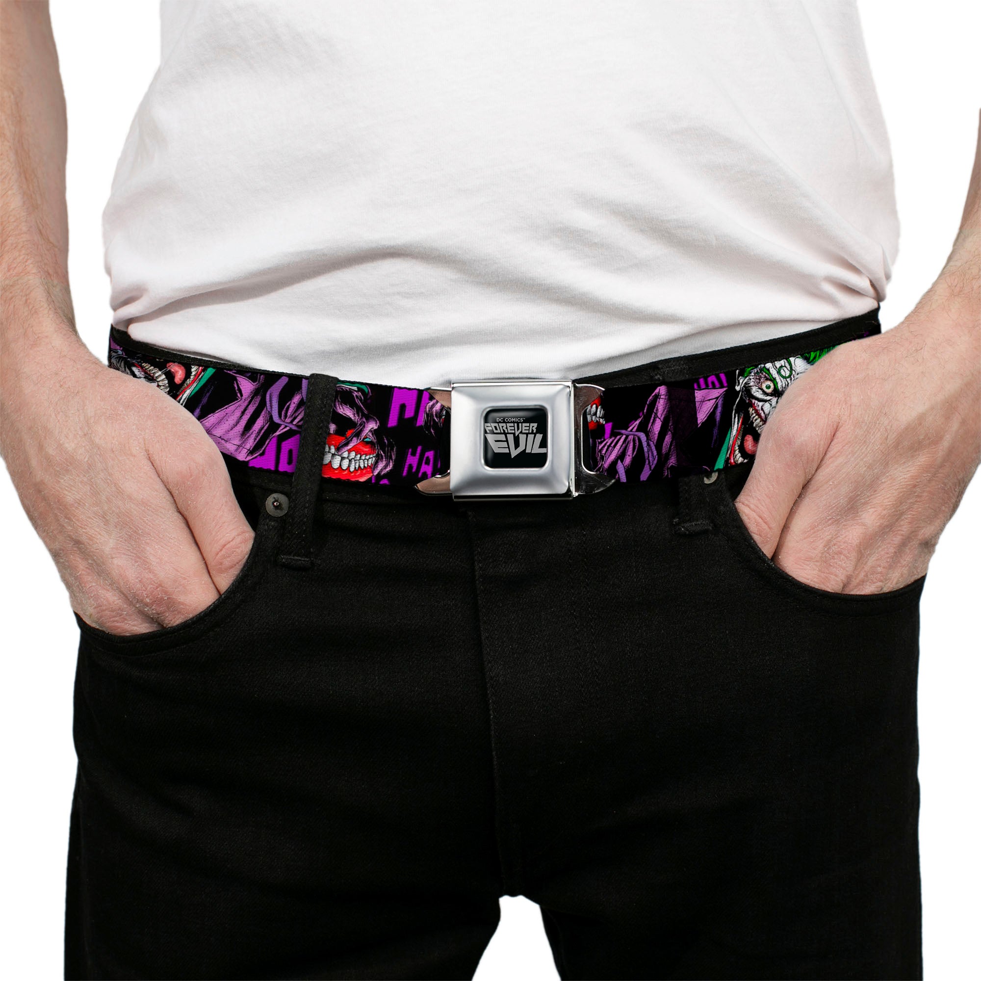 DC COMICS FOREVER EVIL Full Color Black Gray Seatbelt Belt - Detective Comics Joker Holding Teeth Issue 23.1 Cover Pose/HA! HA! HA! Black/Purples Webbing Seatbelt Belts DC Comics
