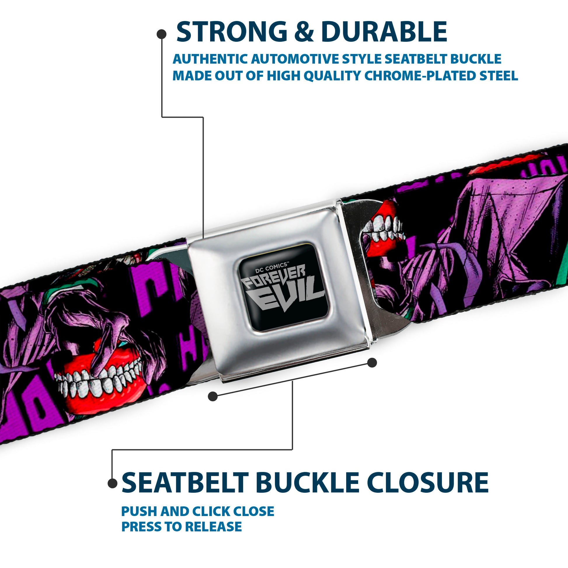 DC COMICS FOREVER EVIL Full Color Black Gray Seatbelt Belt - Detective Comics Joker Holding Teeth Issue 23.1 Cover Pose/HA! HA! HA! Black/Purples Webbing Seatbelt Belts DC Comics