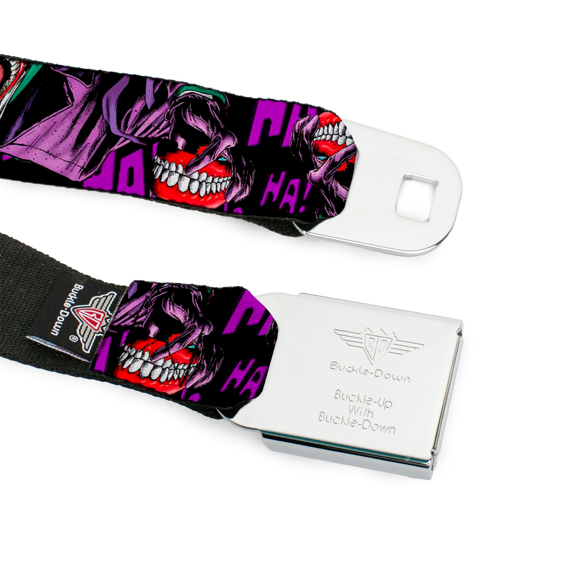 DC COMICS FOREVER EVIL Full Color Black Gray Seatbelt Belt - Detective Comics Joker Holding Teeth Issue 23.1 Cover Pose/HA! HA! HA! Black/Purples Webbing Seatbelt Belts DC Comics