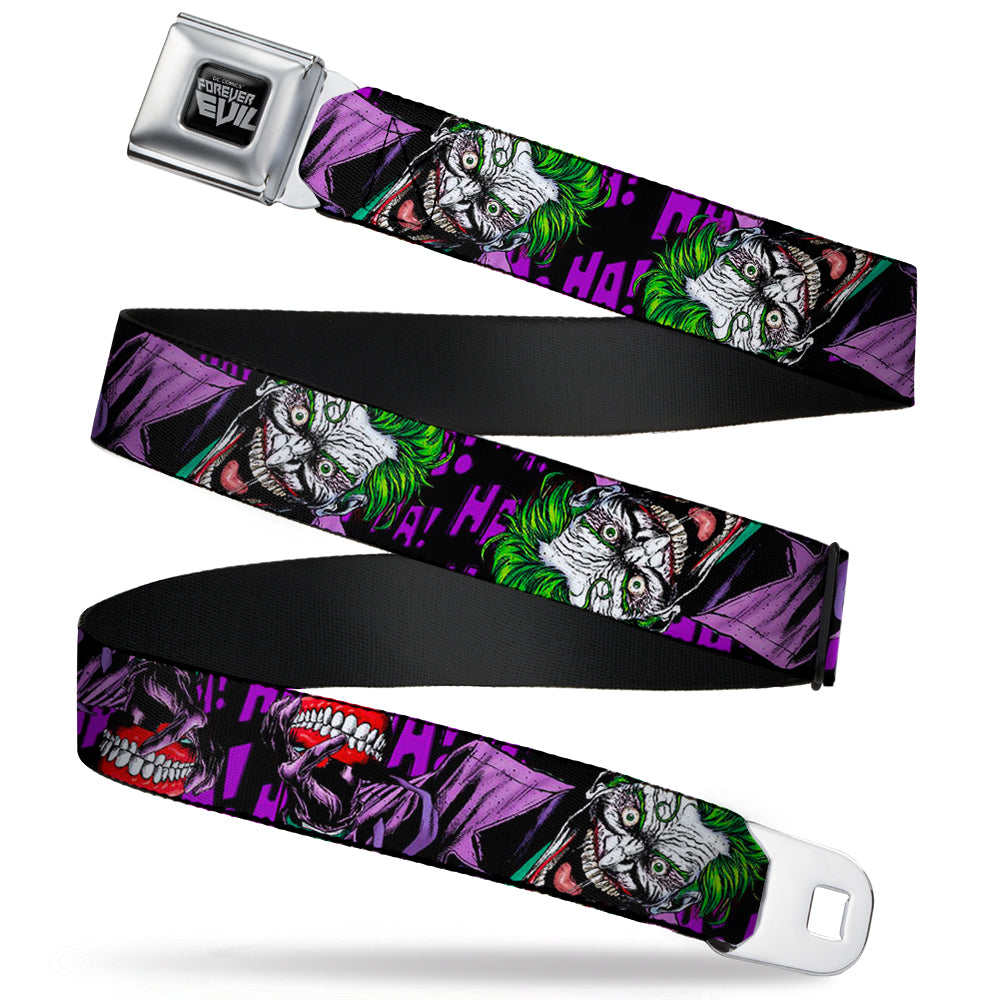 DC COMICS FOREVER EVIL Full Color Black Gray Seatbelt Belt - Detective Comics Joker Holding Teeth Issue 23.1 Cover Pose/HA! HA! HA! Black/Purples Webbing Seatbelt Belts DC Comics