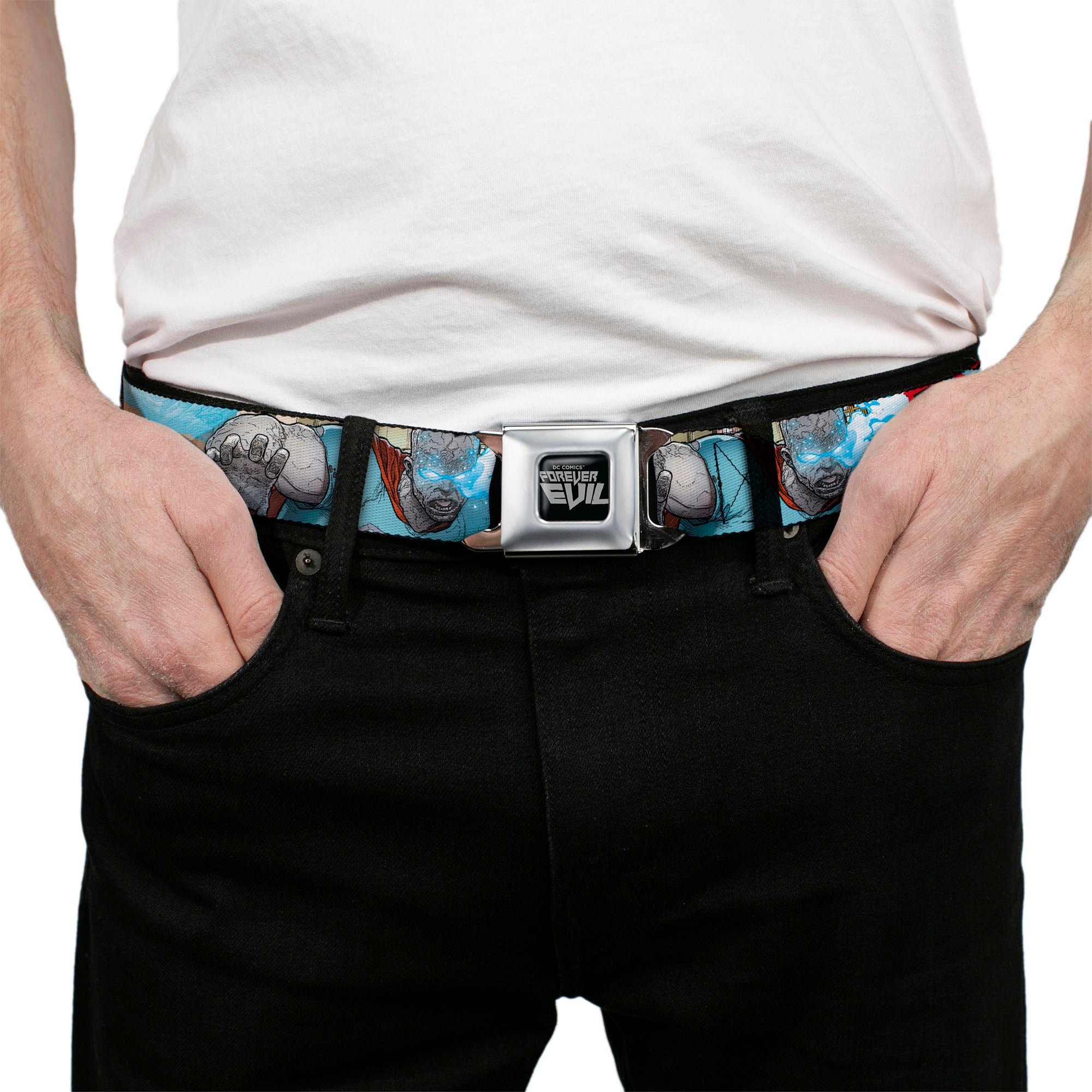 DC COMICS FOREVER EVIL Full Color Black Gray Seatbelt Belt - Superman Forever Evil Issue 23.1 BIZARRO #1 Cover Pose Blues/Red Webbing Seatbelt Belts DC Comics