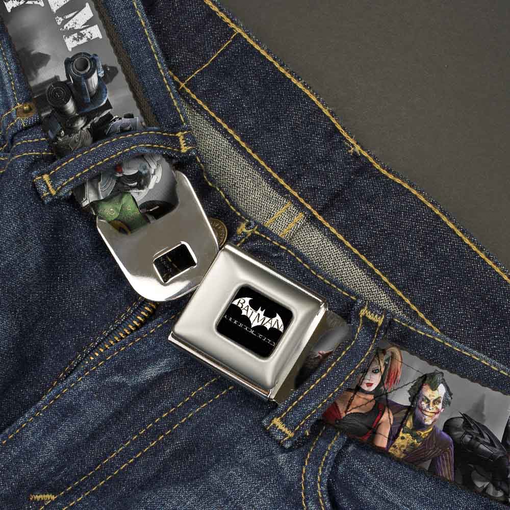 BATMAN-ARKHAM CITY Logo Full Color Black White Seatbelt Belt - ARKHAM CITY 9-Character Group Grays/White Webbing Webbing Seatbelt Belts DC Comics