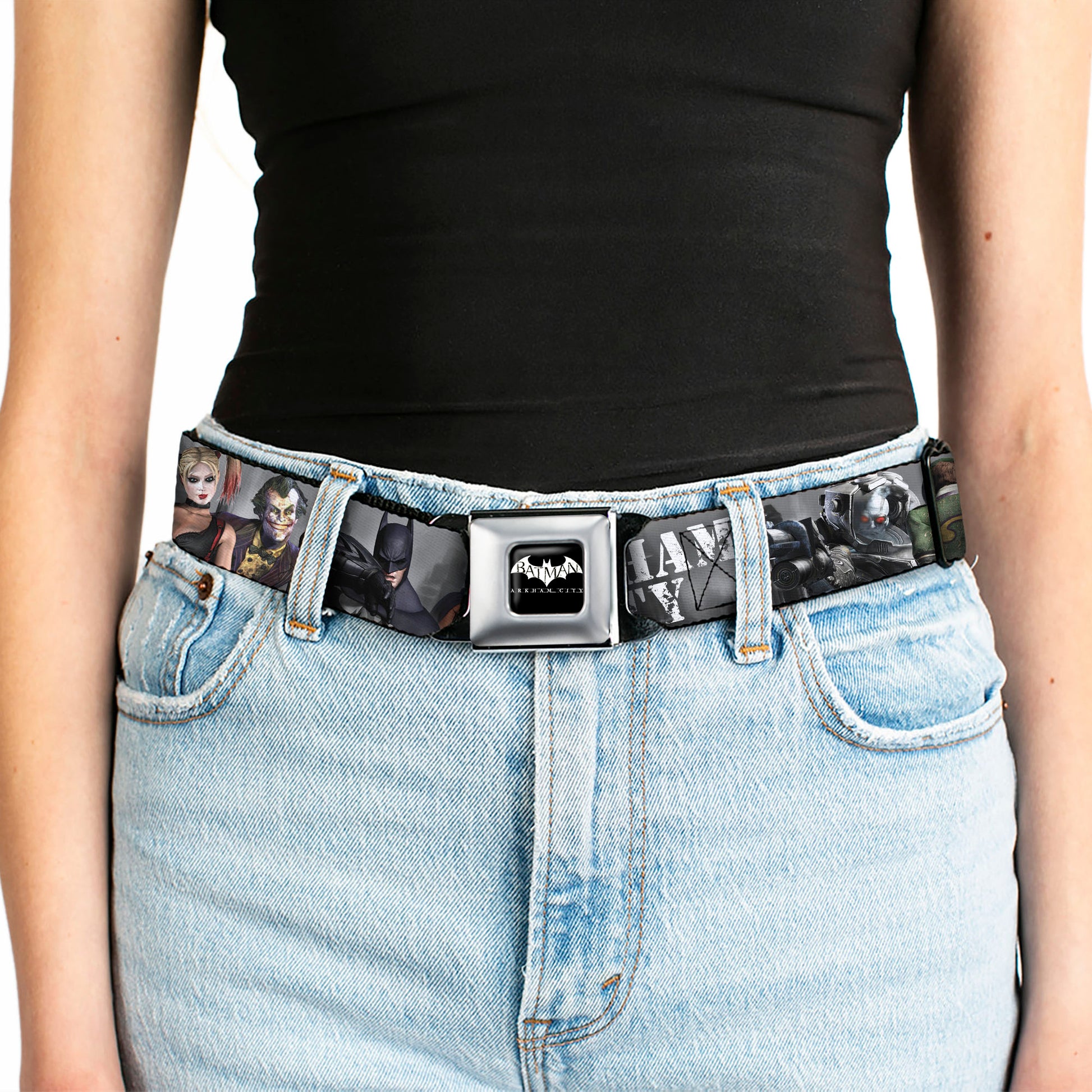 BATMAN-ARKHAM CITY Logo Full Color Black White Seatbelt Belt - ARKHAM CITY 9-Character Group Grays/White Webbing Webbing Seatbelt Belts DC Comics