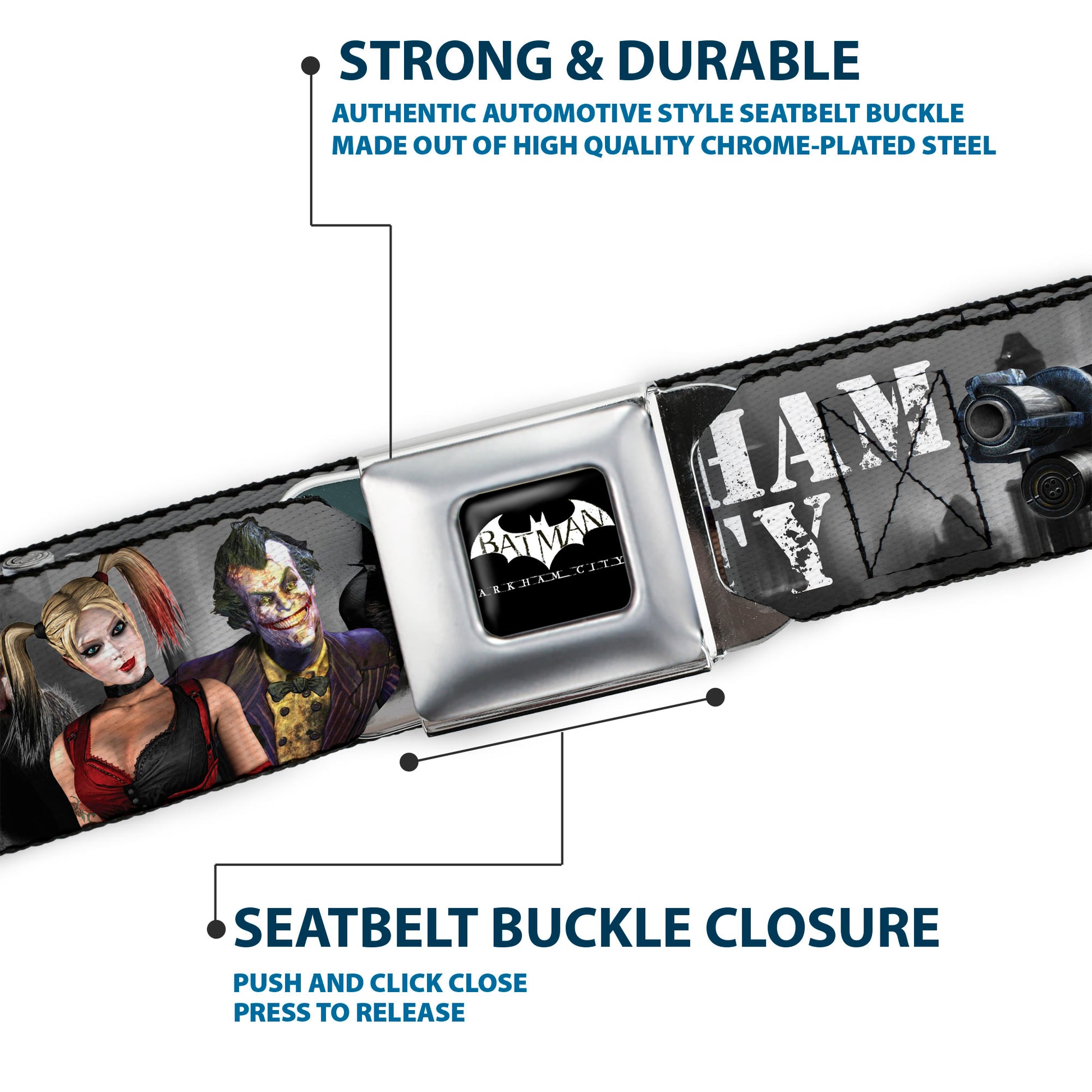 BATMAN-ARKHAM CITY Logo Full Color Black White Seatbelt Belt - ARKHAM CITY 9-Character Group Grays/White Webbing Webbing Seatbelt Belts DC Comics