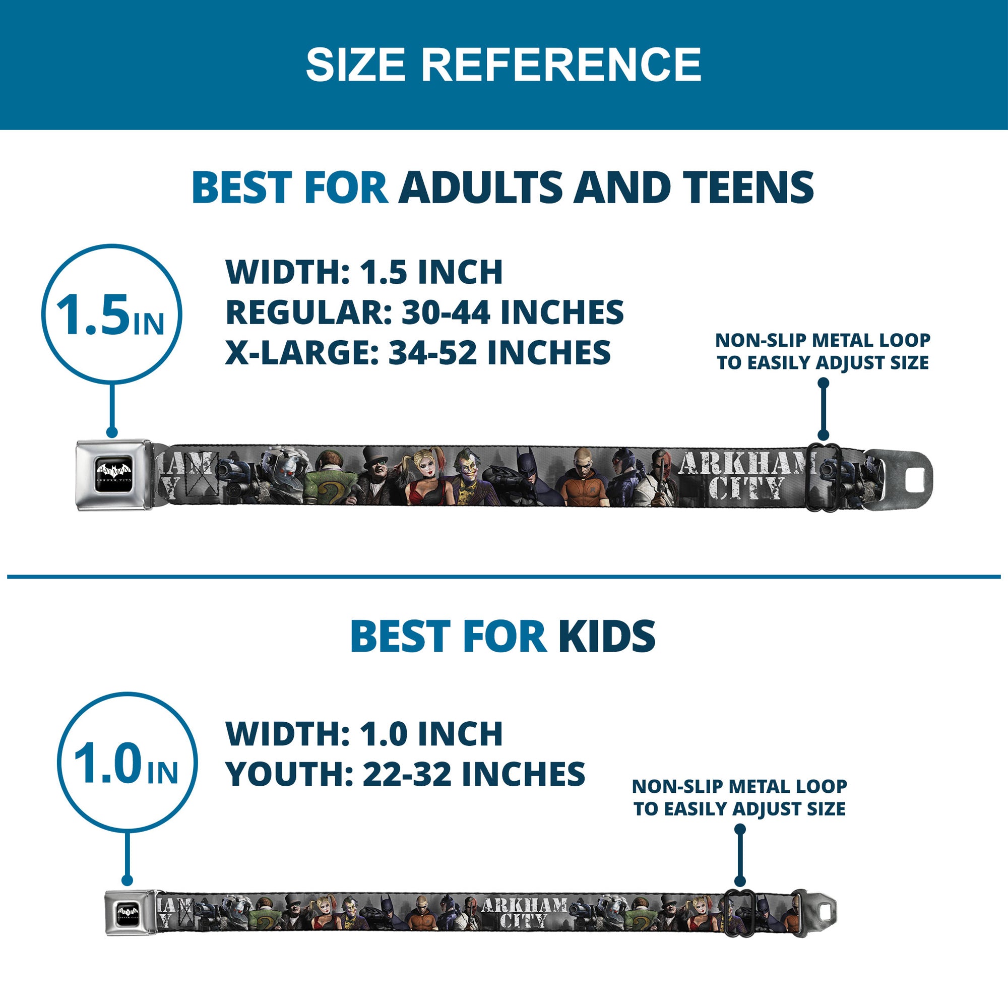 BATMAN-ARKHAM CITY Logo Full Color Black White Seatbelt Belt - ARKHAM CITY 9-Character Group Grays/White Webbing Webbing Seatbelt Belts DC Comics