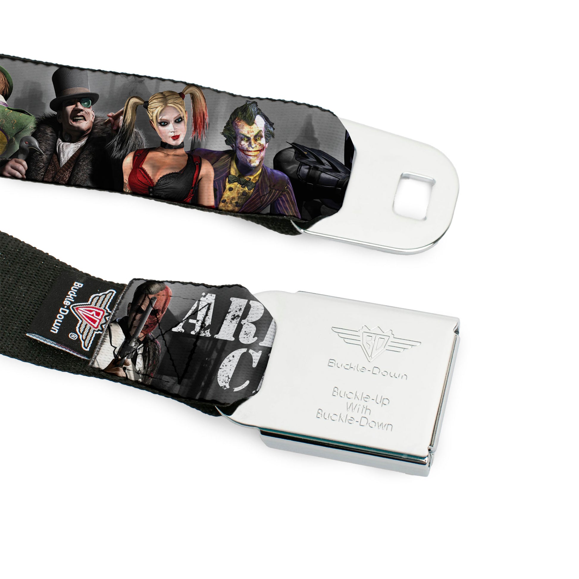 BATMAN-ARKHAM CITY Logo Full Color Black White Seatbelt Belt - ARKHAM CITY 9-Character Group Grays/White Webbing Webbing Seatbelt Belts DC Comics