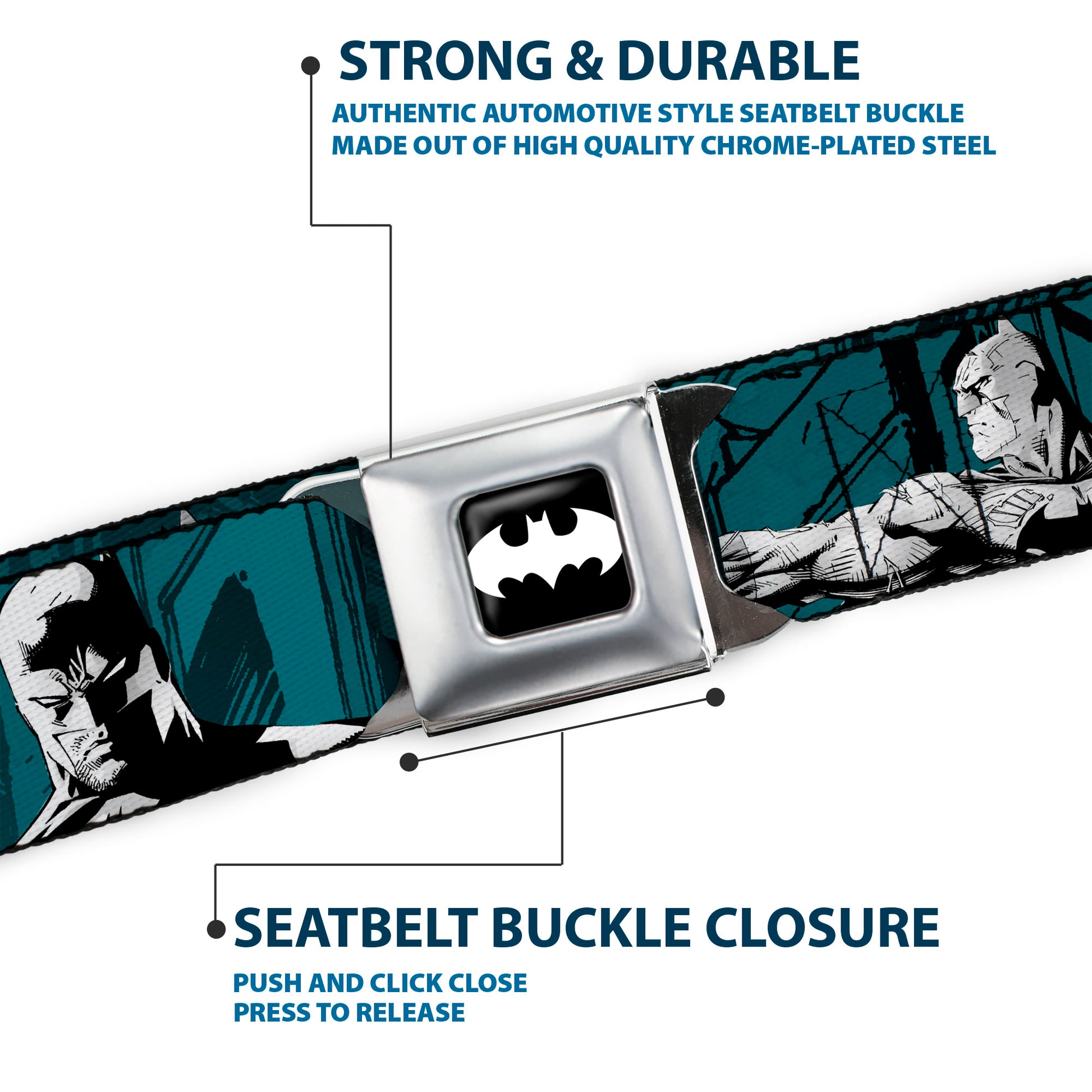 Batman Signal Full Color Black/White Seatbelt Belt - Batman Hush Grappling Hook/Standing Poses Aqua/Black/Grays Webbing Seatbelt Belts DC Comics