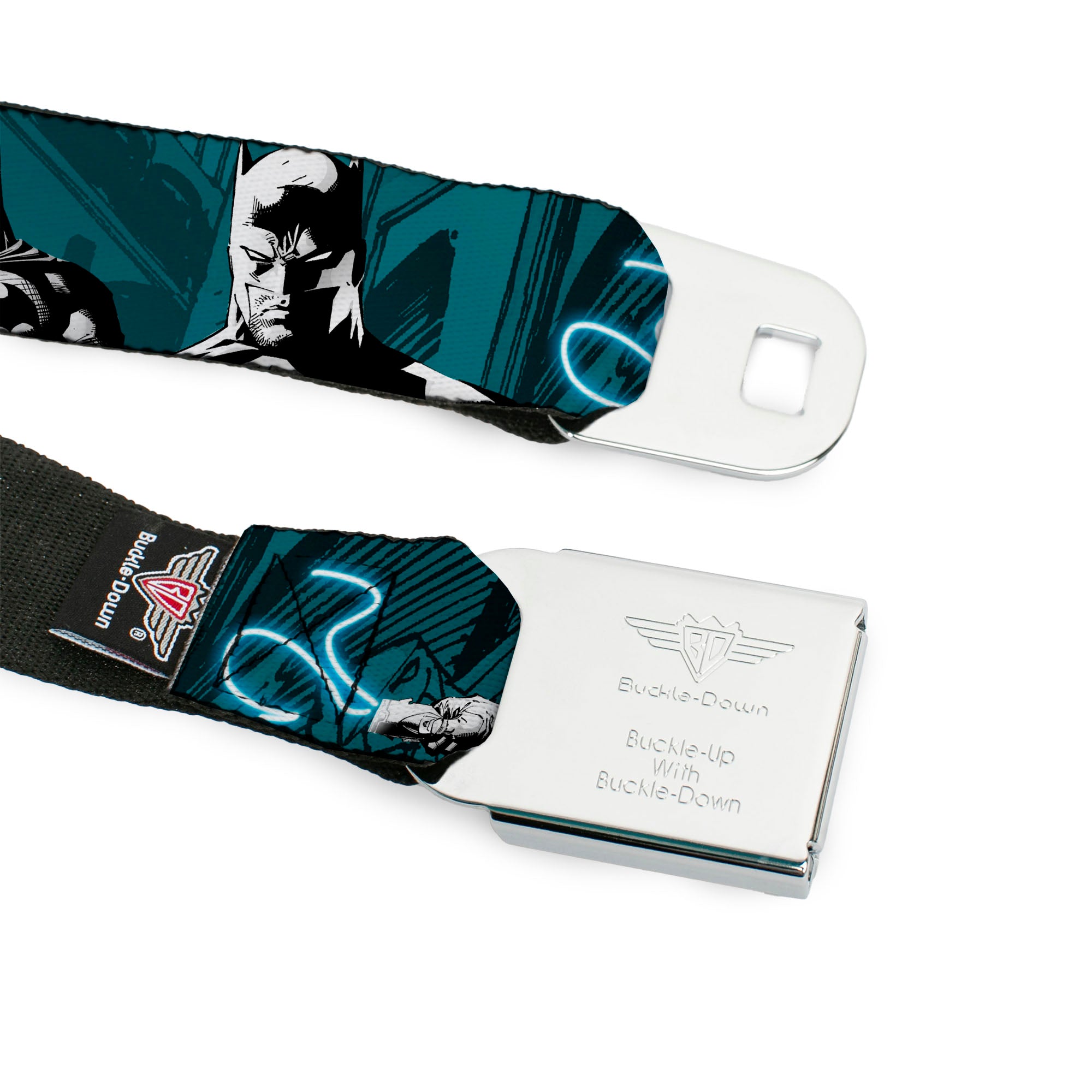 Batman Signal Full Color Black/White Seatbelt Belt - Batman Hush Grappling Hook/Standing Poses Aqua/Black/Grays Webbing Seatbelt Belts DC Comics