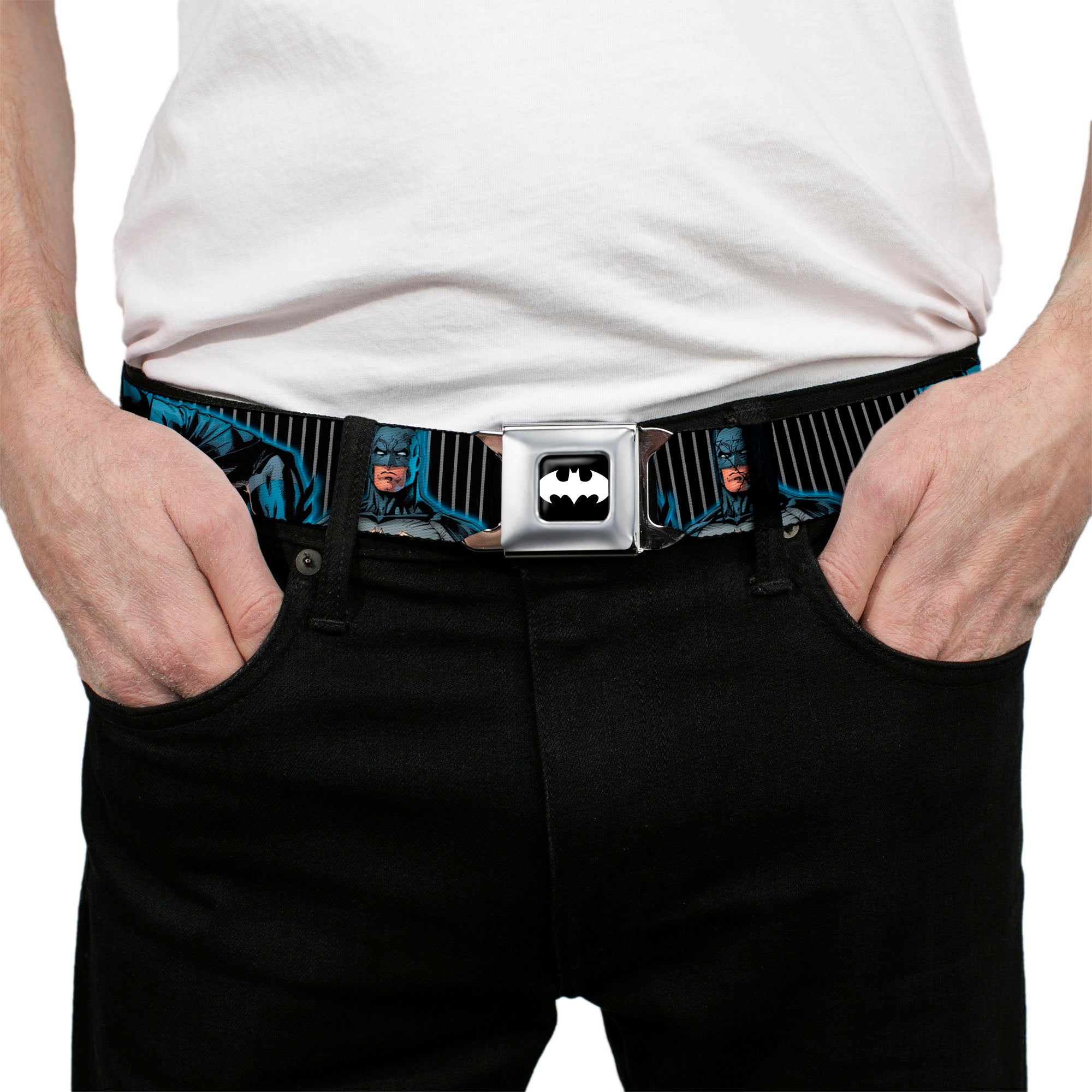 Batman Signal Full Color Black/White Seatbelt Belt - Batman Standing/Crouching Poses Stripe Black/Gray Webbing Seatbelt Belts DC Comics