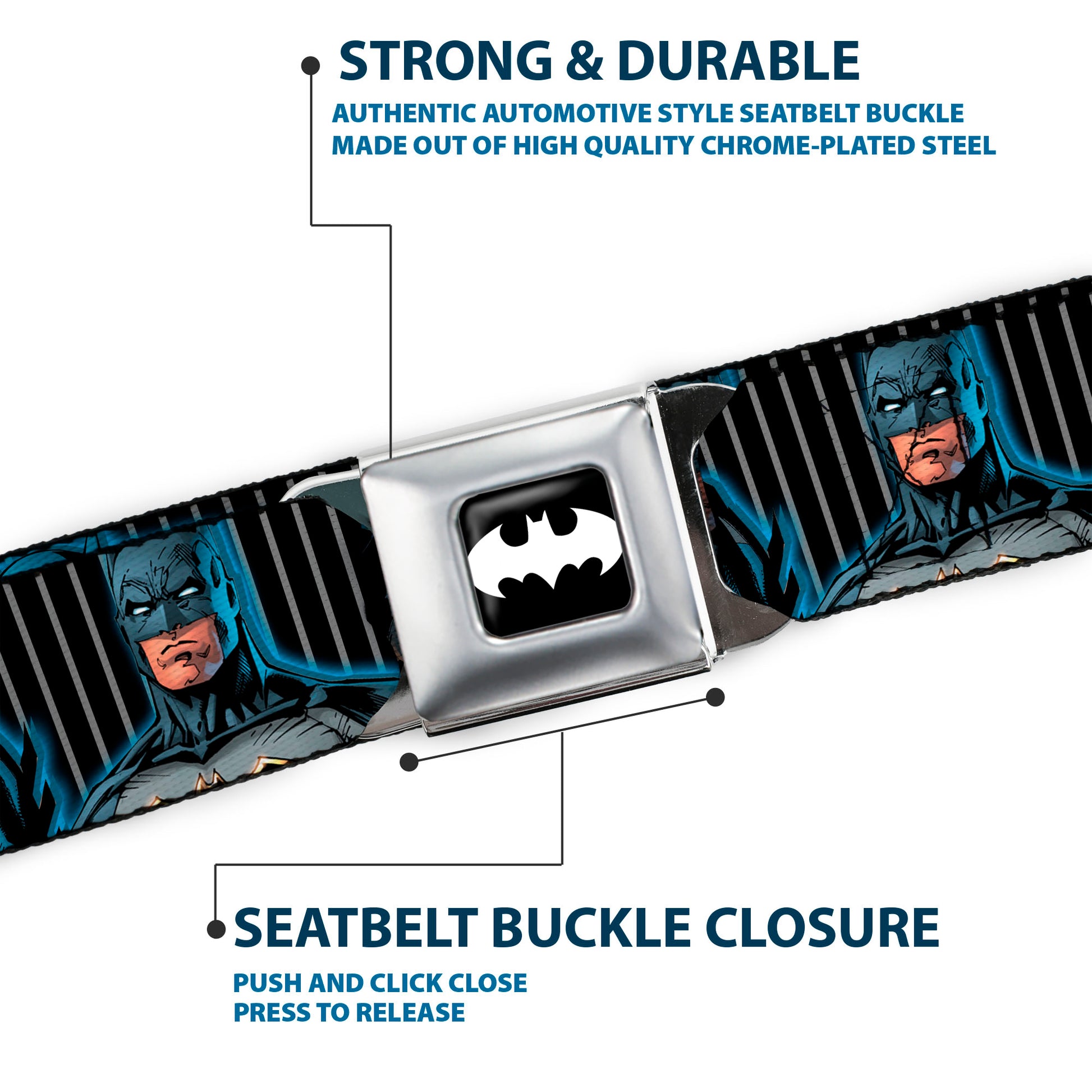 Batman Signal Full Color Black/White Seatbelt Belt - Batman Standing/Crouching Poses Stripe Black/Gray Webbing Seatbelt Belts DC Comics