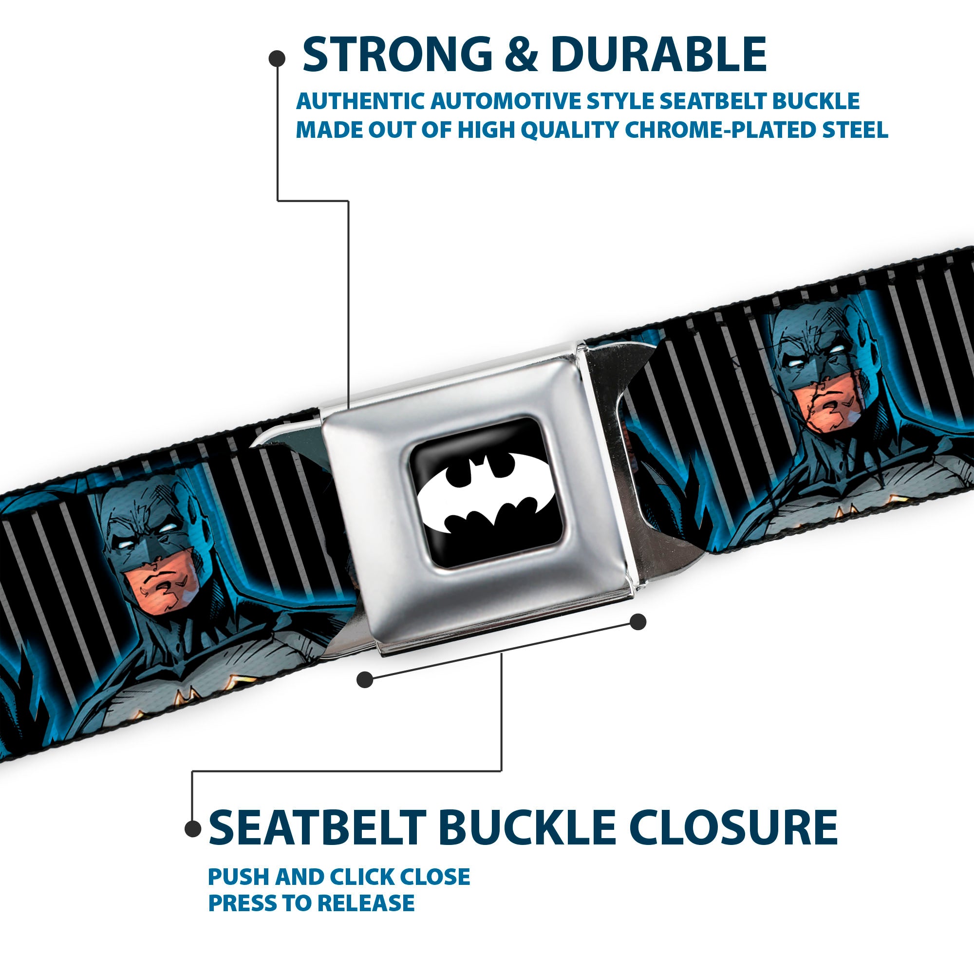 Batman Signal Full Color Black/White Seatbelt Belt - Batman Standing/Crouching Poses Stripe Black/Gray Webbing Seatbelt Belts DC Comics