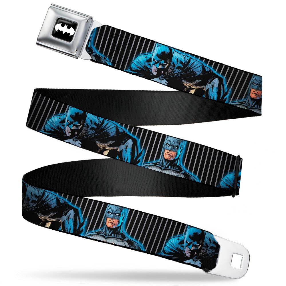 Batman Signal Full Color Black/White Seatbelt Belt - Batman Standing/Crouching Poses Stripe Black/Gray Webbing Seatbelt Belts DC Comics