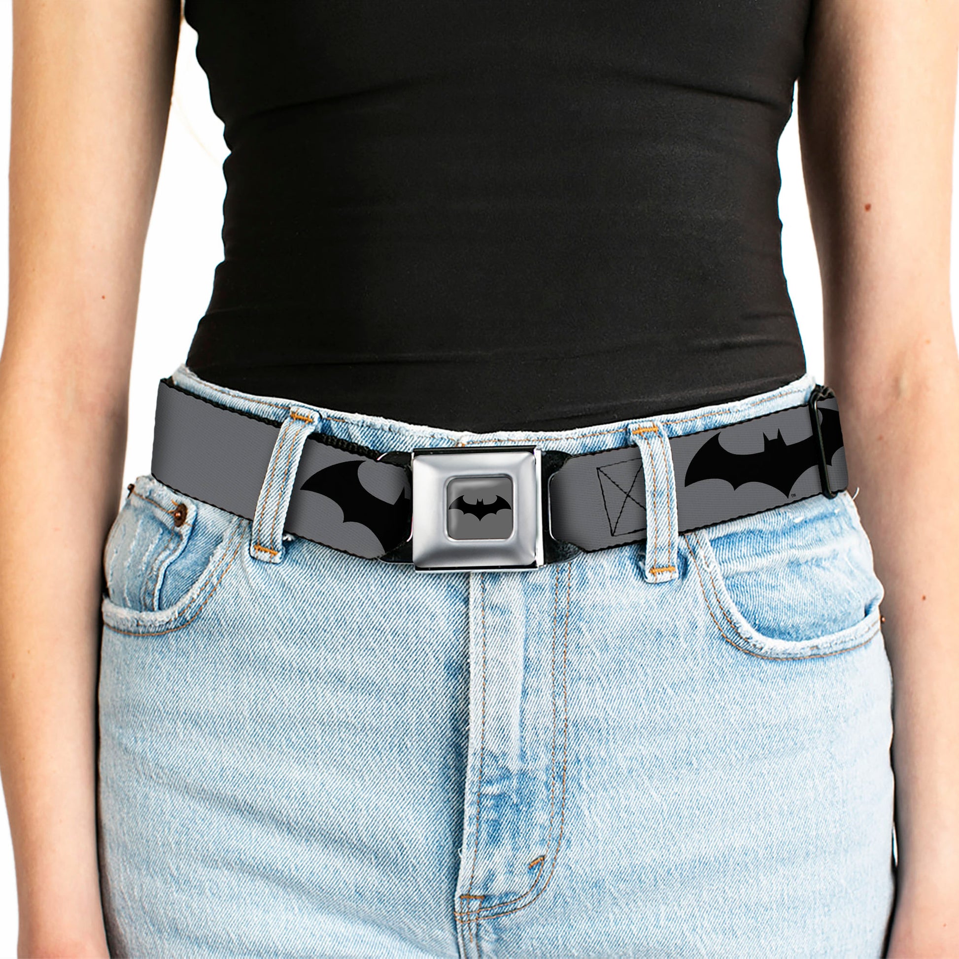 Retro Bat Logo Full Color Gray Black Seatbelt Belt - Retro Bat Logo Gray/Black Webbing Seatbelt Belts DC Comics