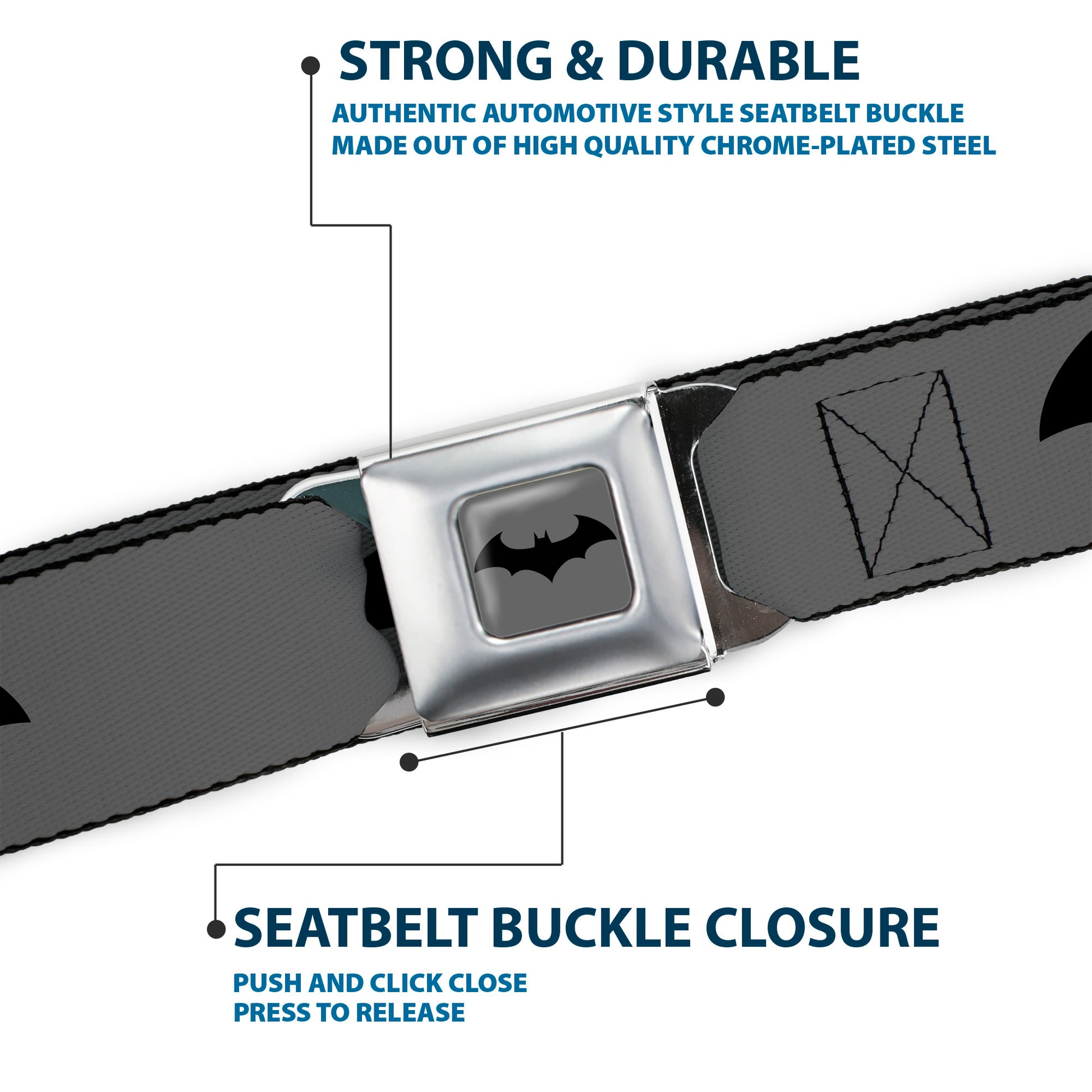 Retro Bat Logo Full Color Gray Black Seatbelt Belt - Retro Bat Logo Gray/Black Webbing Seatbelt Belts DC Comics