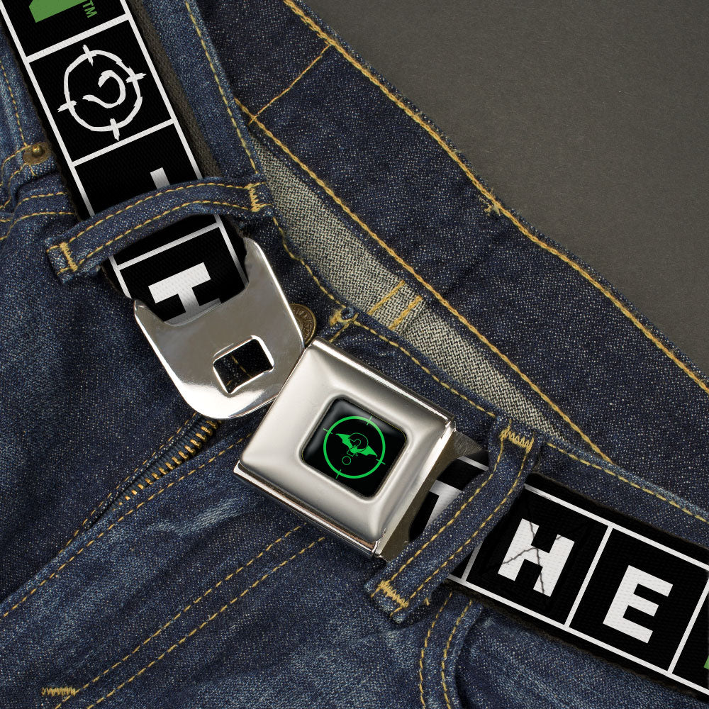 The Batman Movie Batman and Riddler Target Logo Full Color Black/Green Seatbelt Belt - The Batman Movie Crossword Puzzle Black/White/Green Webbing Seatbelt Belts DC Comics