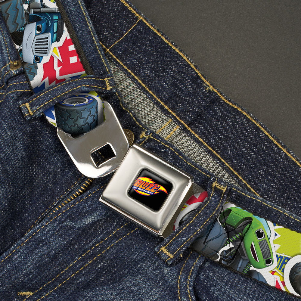 BLAZE AND THE MONSTER MACHINES Logo Full Color Black/Orange/Yellow/Purple Seatbelt Belt - Blaze & 5-Trucks/Flames Collage Green/Multi Color Webbing Seatbelt Belts Blaze and the Monster Machines